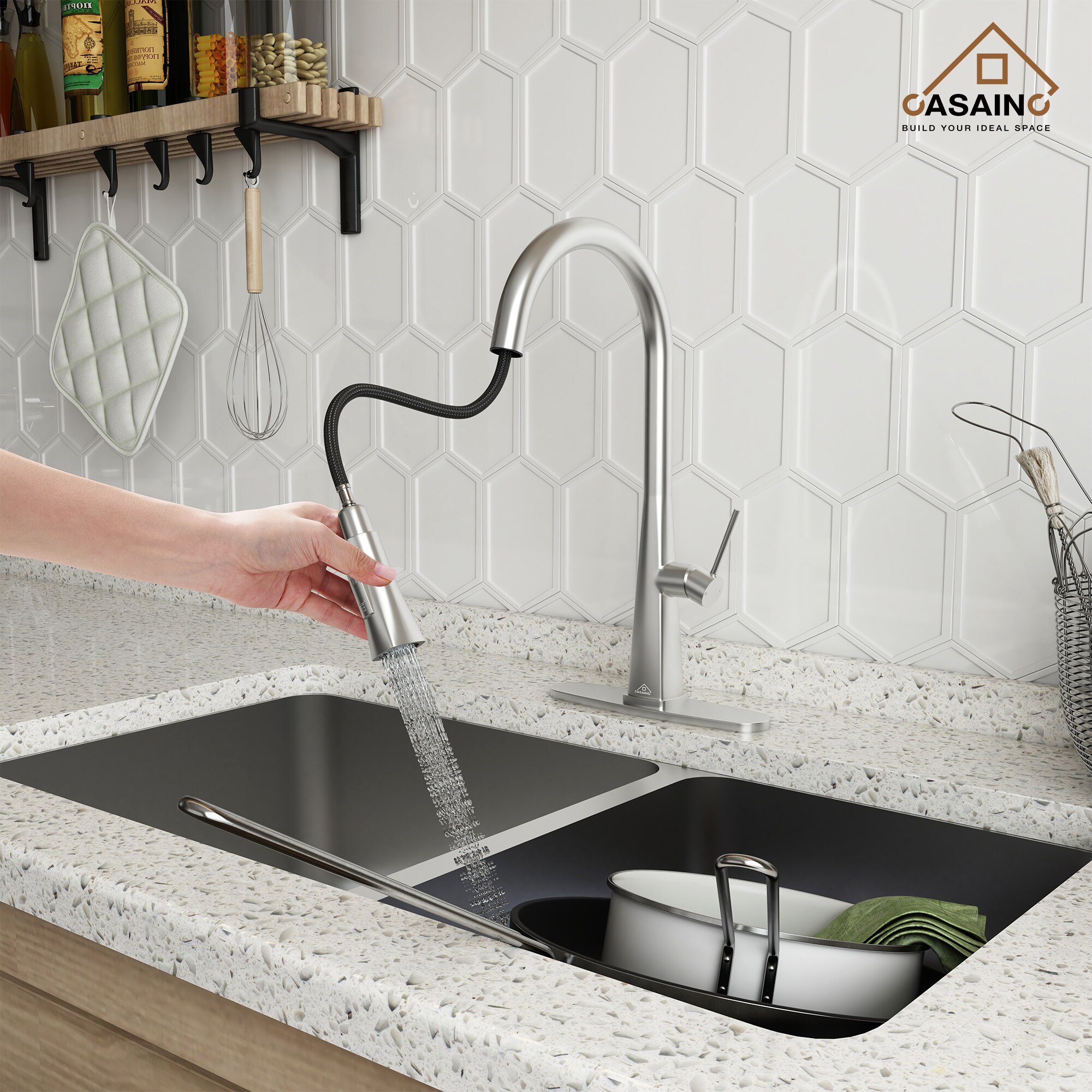 Casainc Brushed Nickel Single Handle Pull Out Kitchen Faucet With Sprayer Deck Plate Included