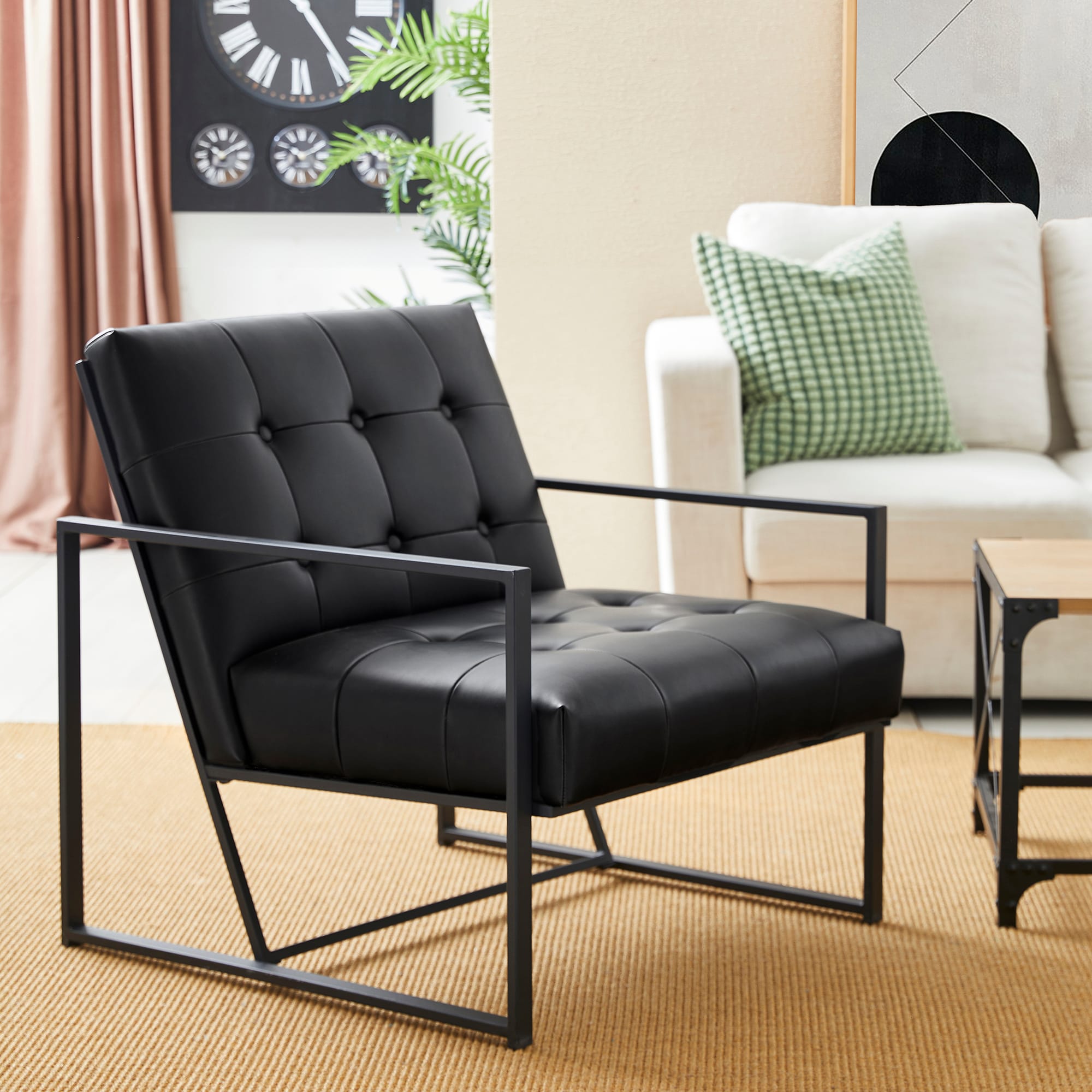 Modern Black Faux Leather Accent Chair with Metal Frame