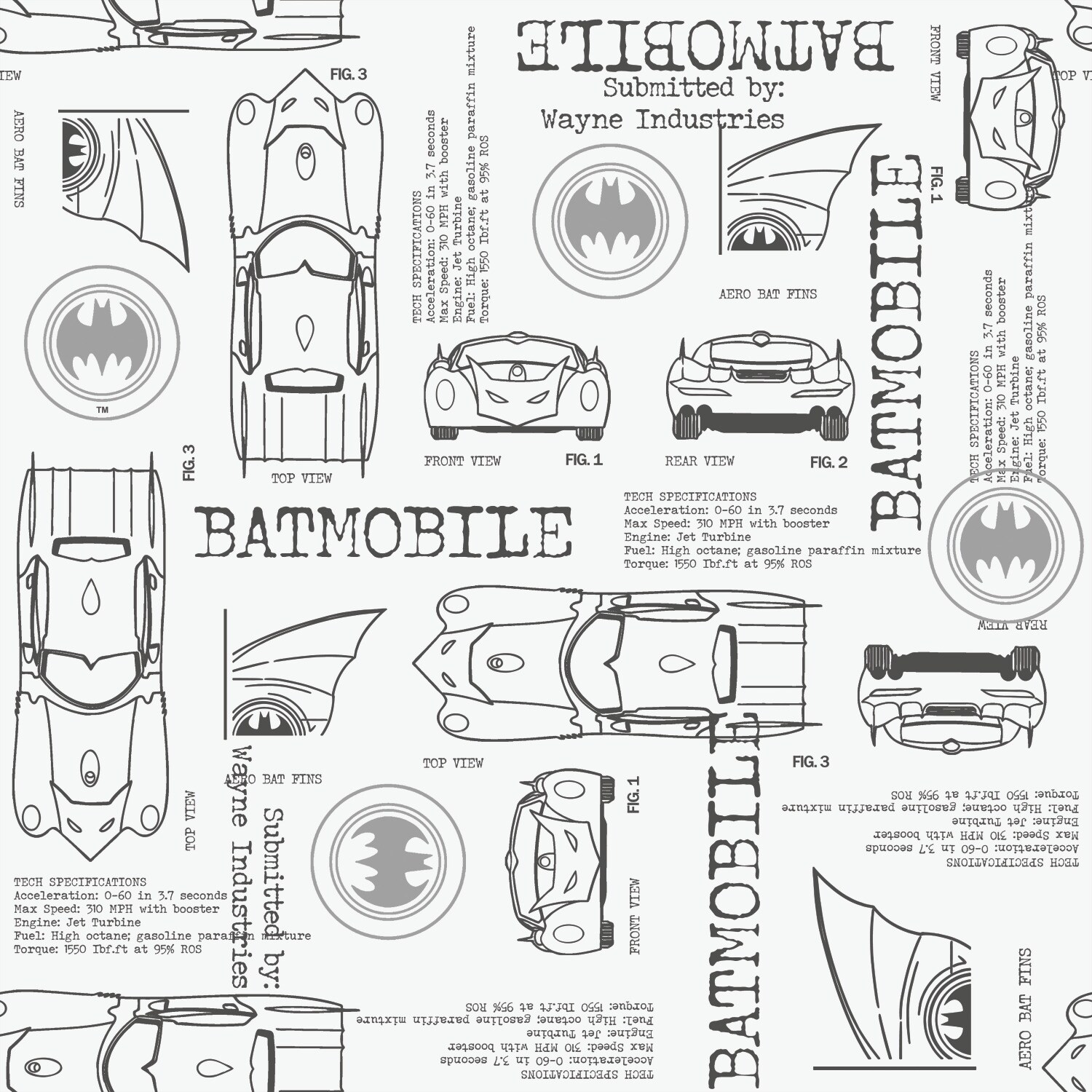 Roommates Batmobile Blueprint Peel And Stick Wallpaper - Black