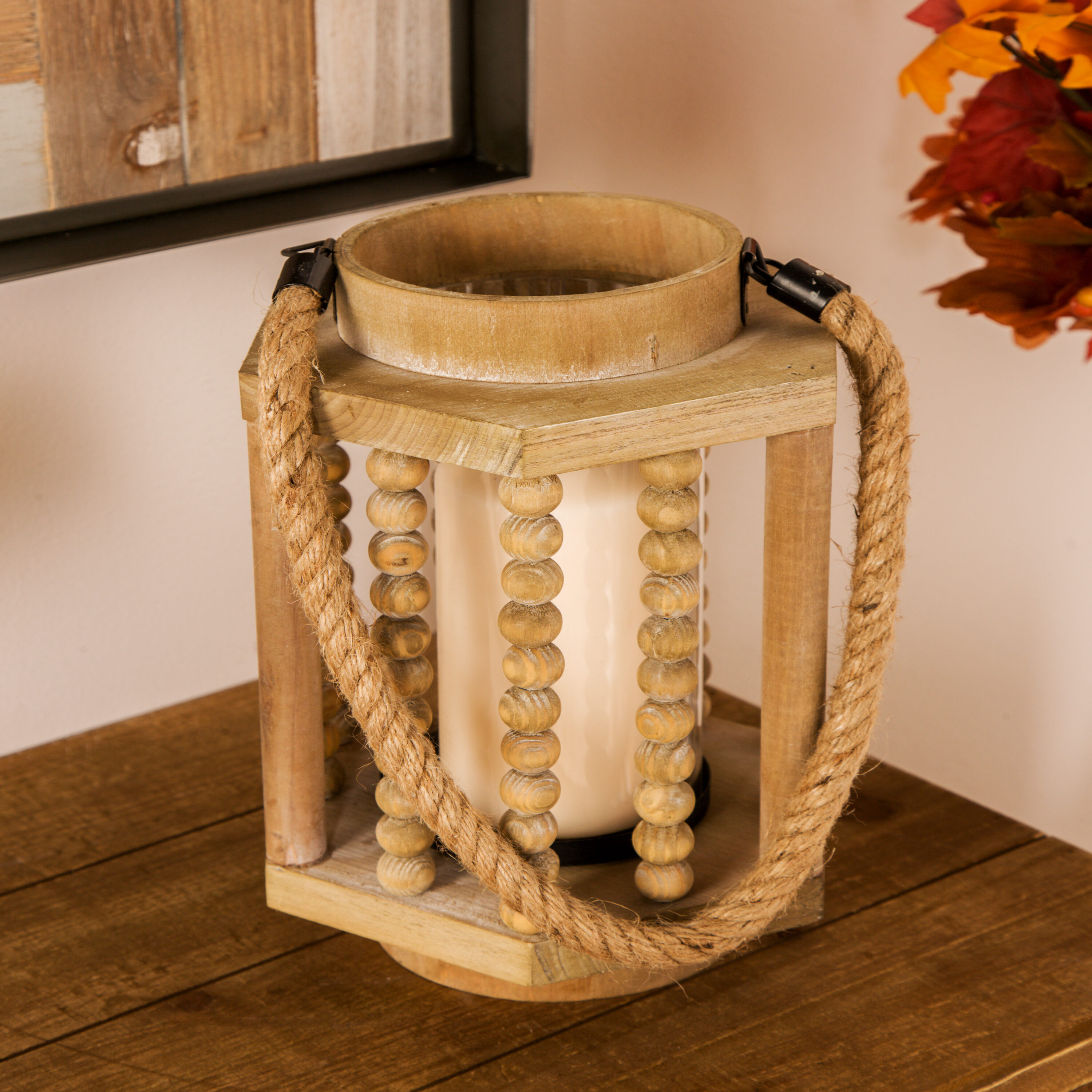 11 X 8 Rustic Wood/glass Candle Holder With Rope Handle Beige