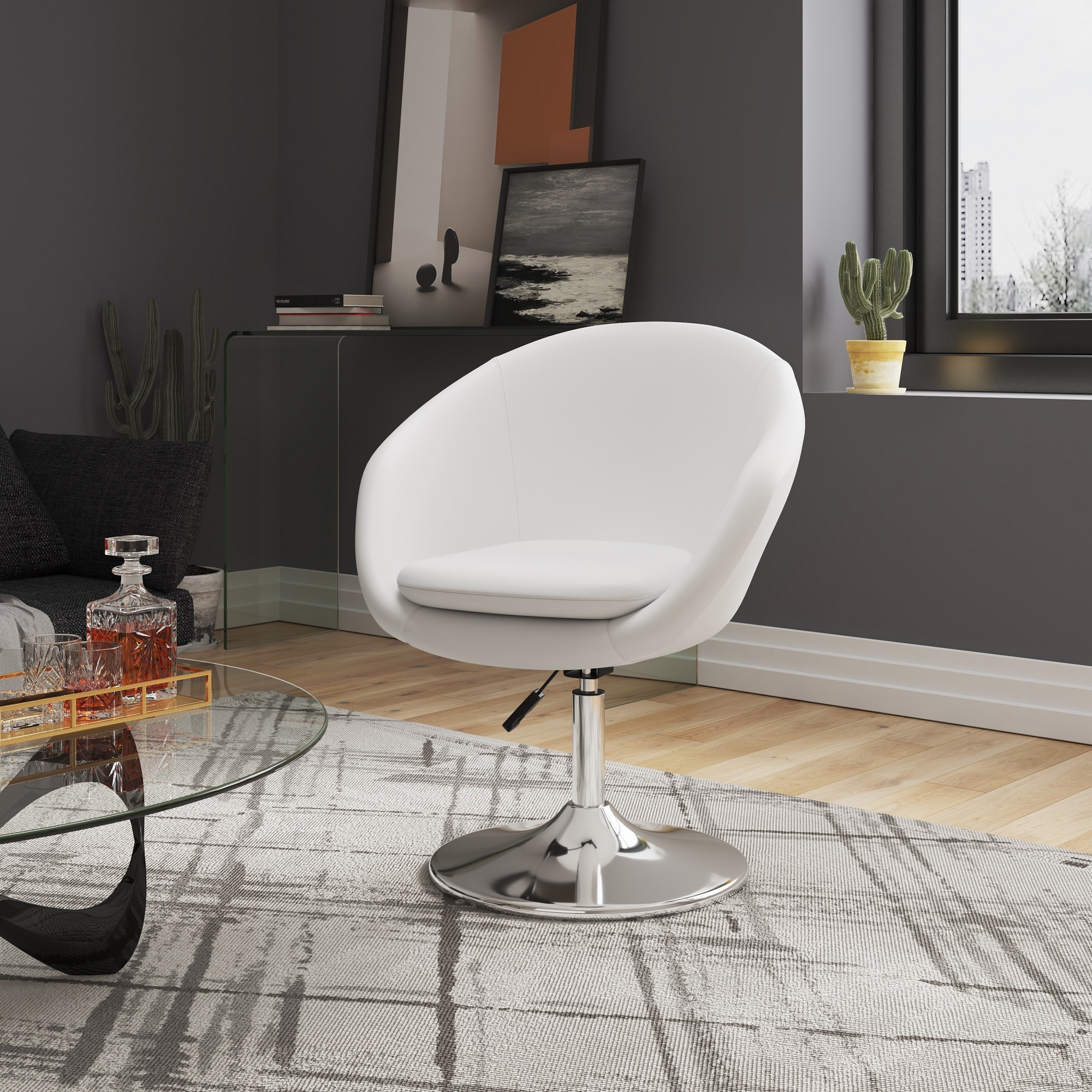 Manhattan Comfort 2-AC036-WH 2 Modern White and Polished Chrome Faux leather Swivel Accent Chair