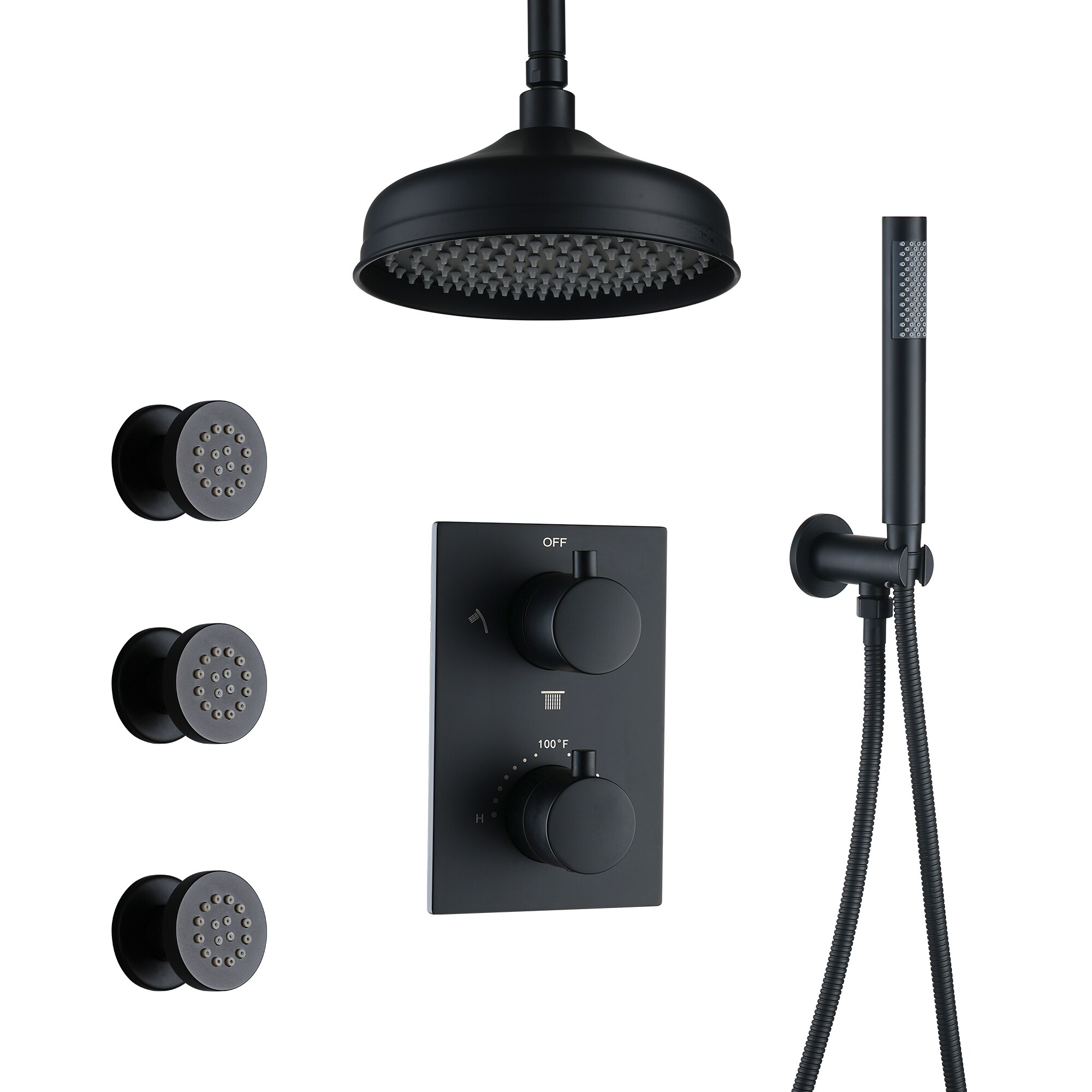 CASAINC CA-A4346-MB Matte Black 8-Inches Built-In Shower Faucet System with 3-way Diverter ( Thermostatic Valve Included )