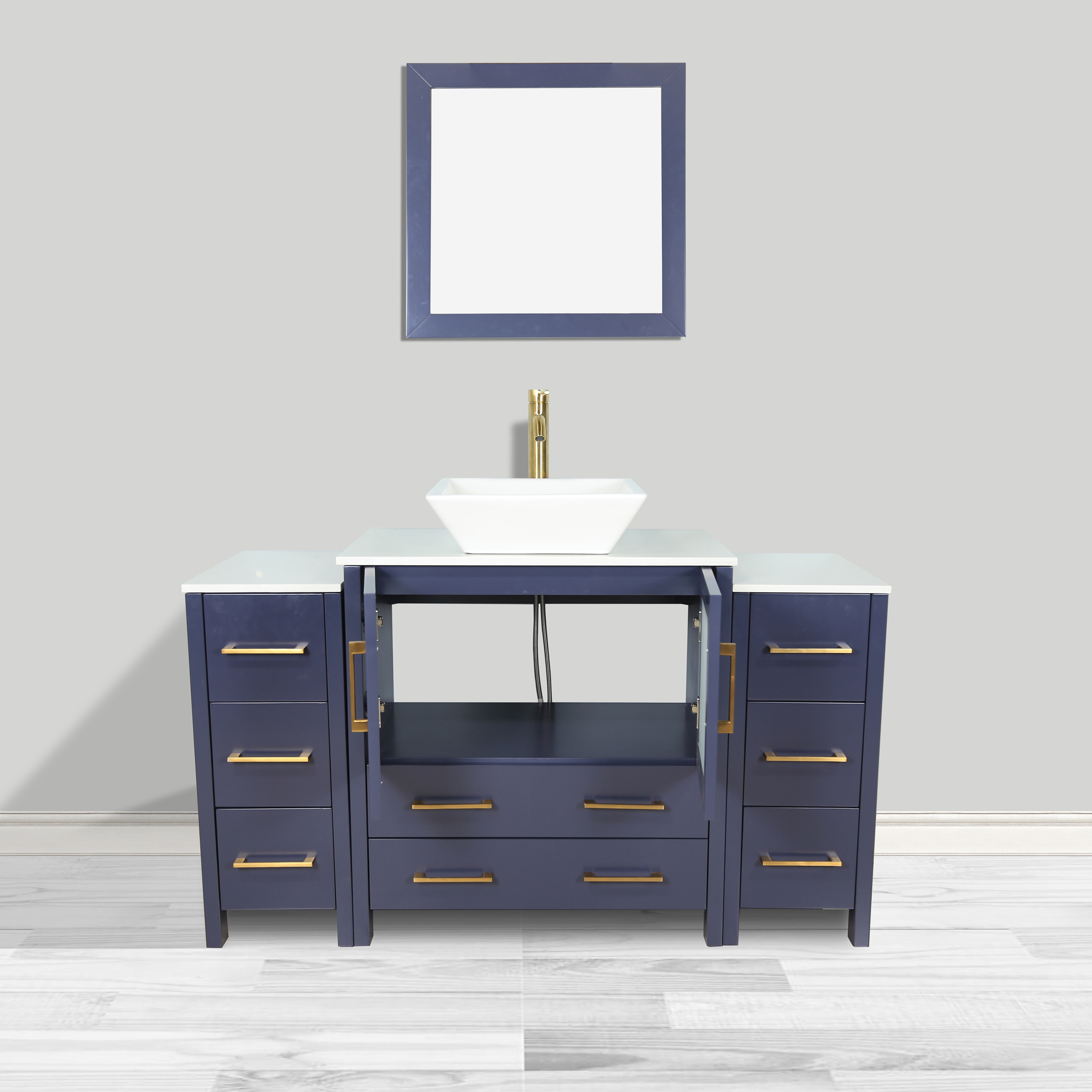 Blue 54" Single Sink Bathroom Vanity Set with Engineered Marble Top and Mirror