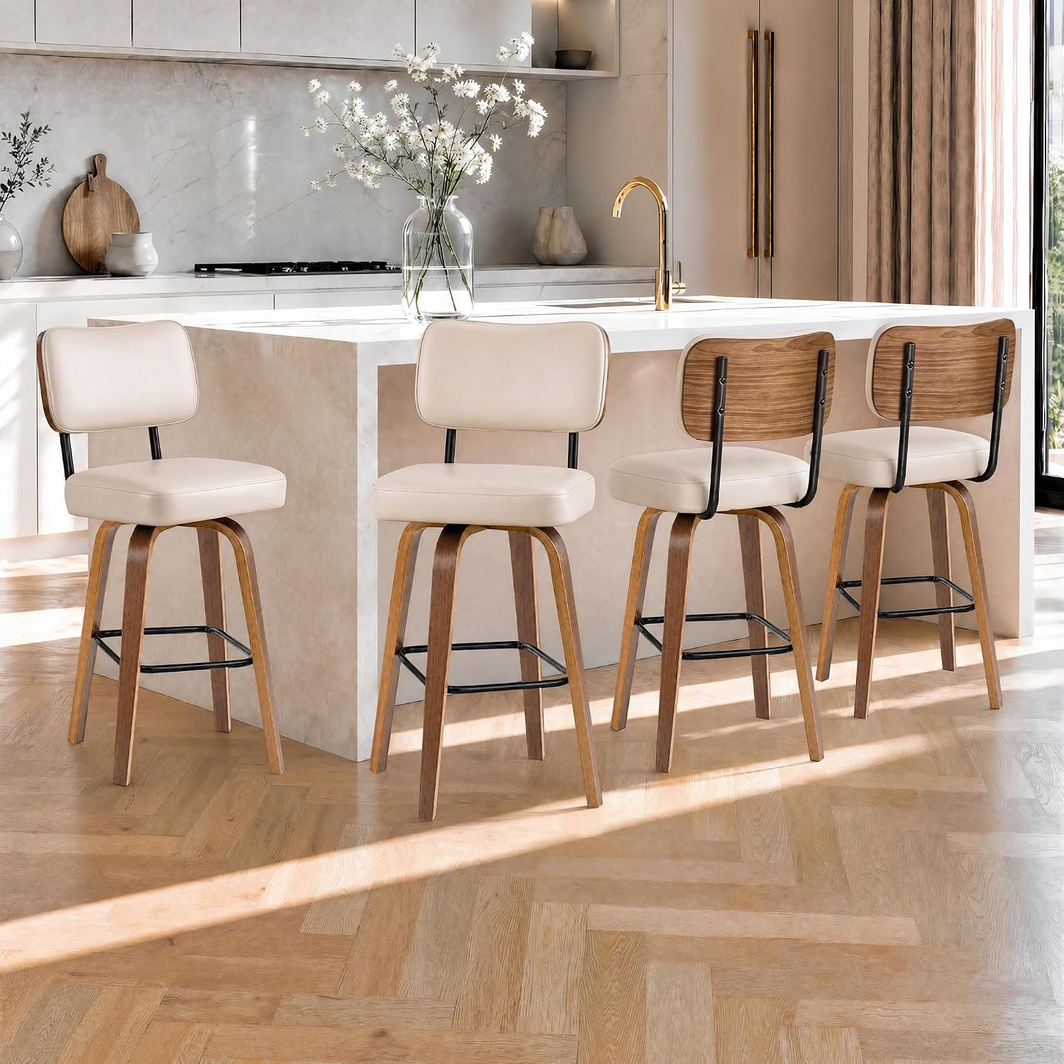 IdealHouse - Counter Height Bar Stools Set of 4 26 in Swivel Bar Stools with Back and Bentwood Le...