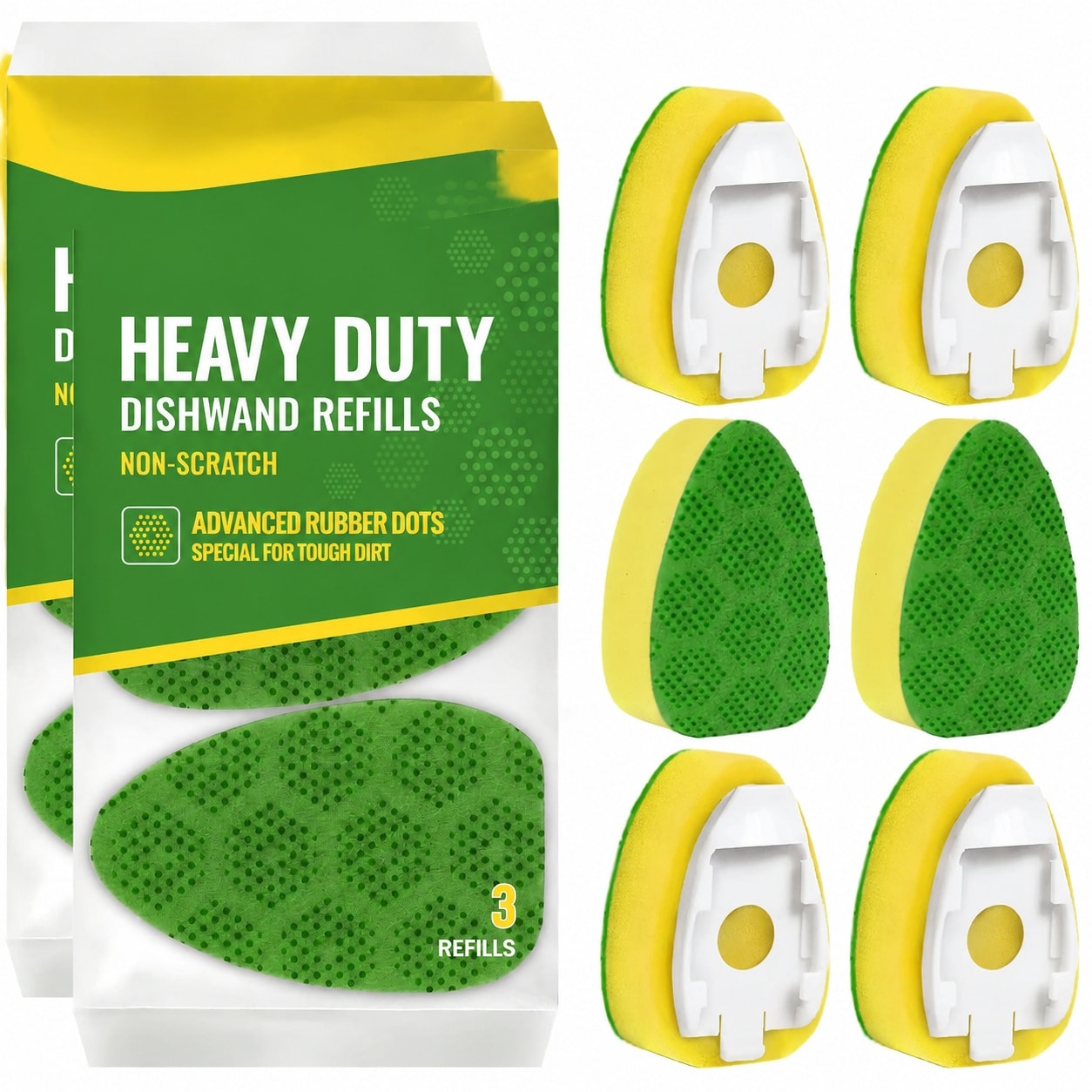 Anqtovp  Leak Proof Dishwand Refills Non Scratch Sponge Heads with Scrub Dots Thicker Heavy Duty Scrubber Replacement Universal Fit Works with