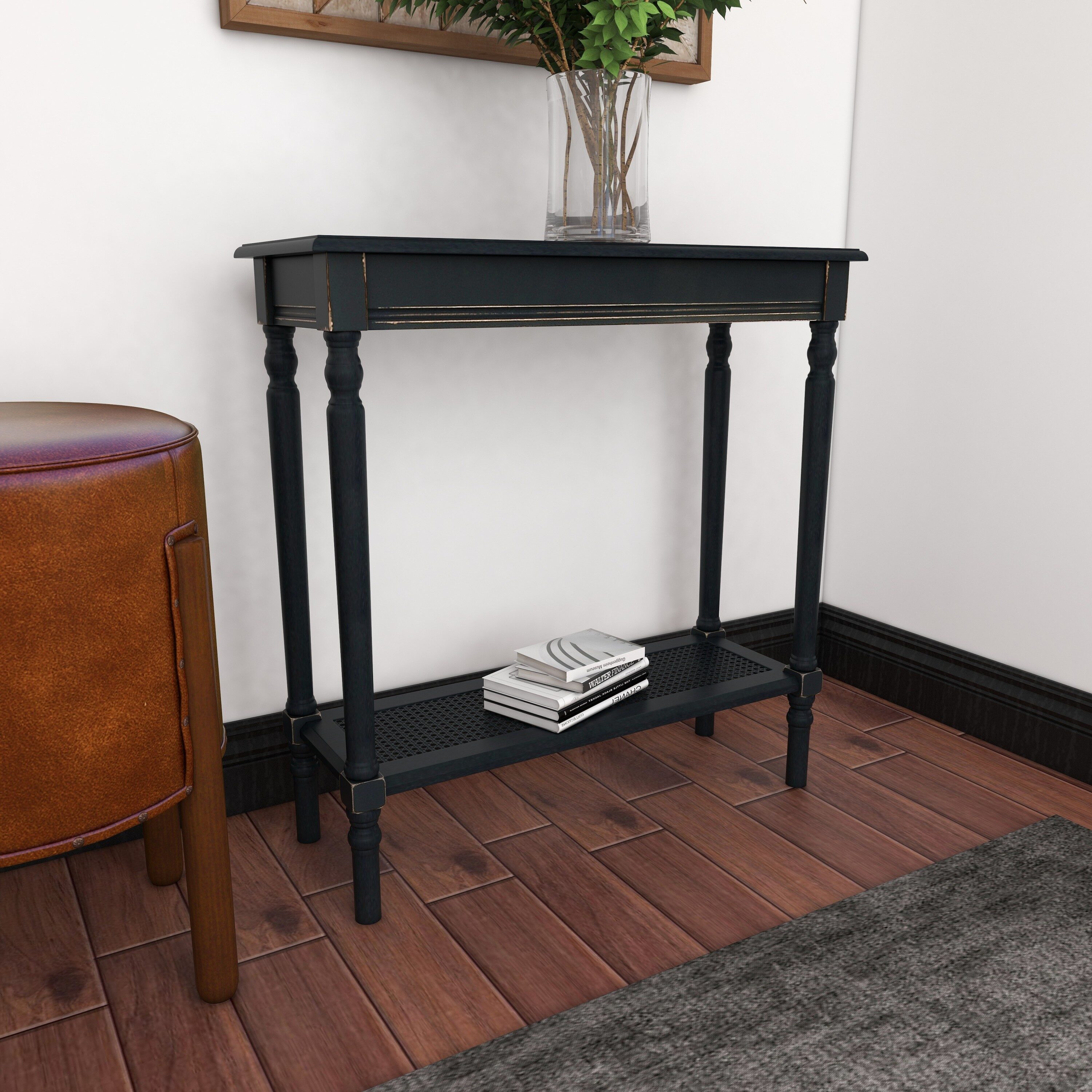 Black Wood Console Table with Glass Shelf and Storage