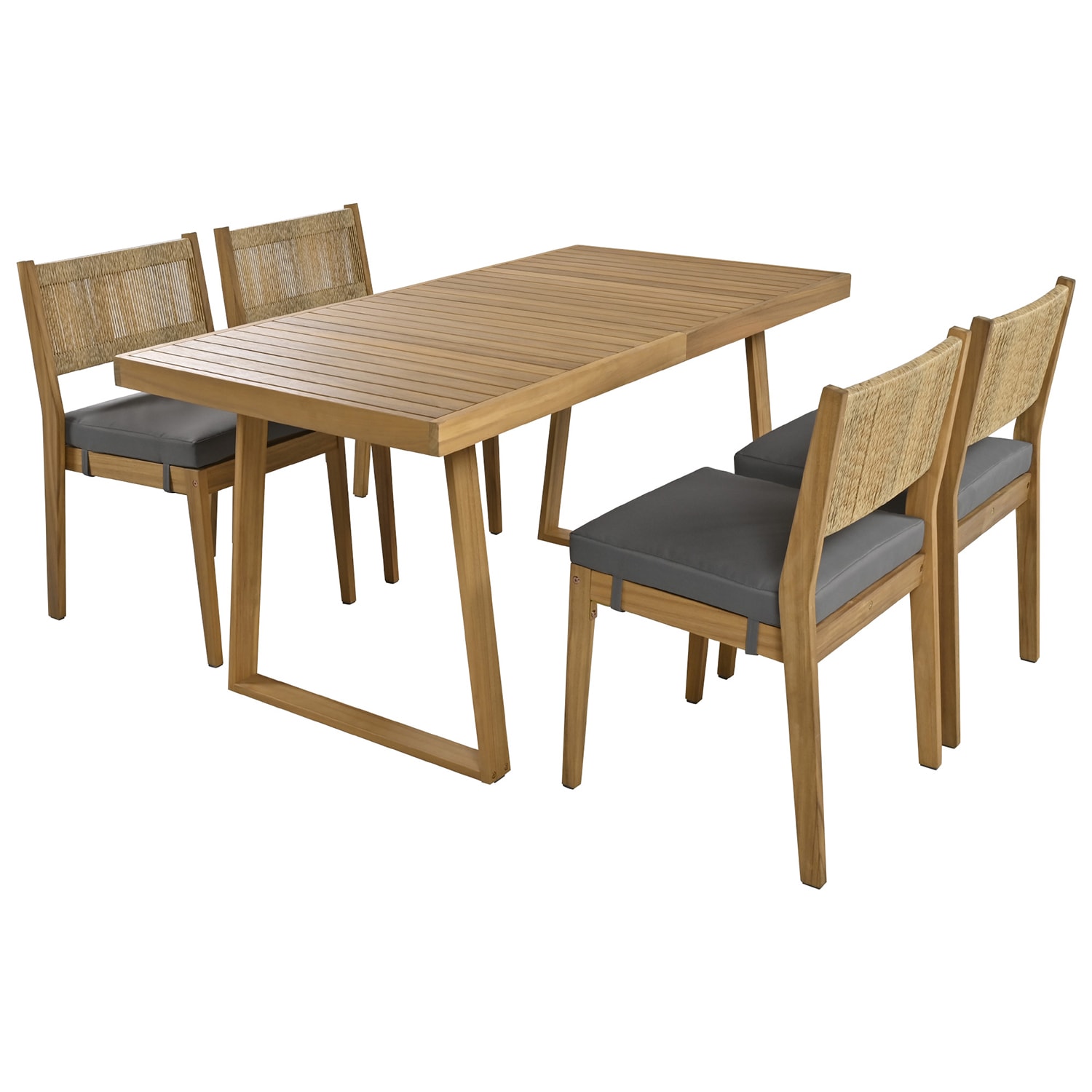 Bybafun YA0200229 5 -Piece Brown Patio Dining Set Wood Rectangle Table with 4 Gray Cushions Stationary Chairs