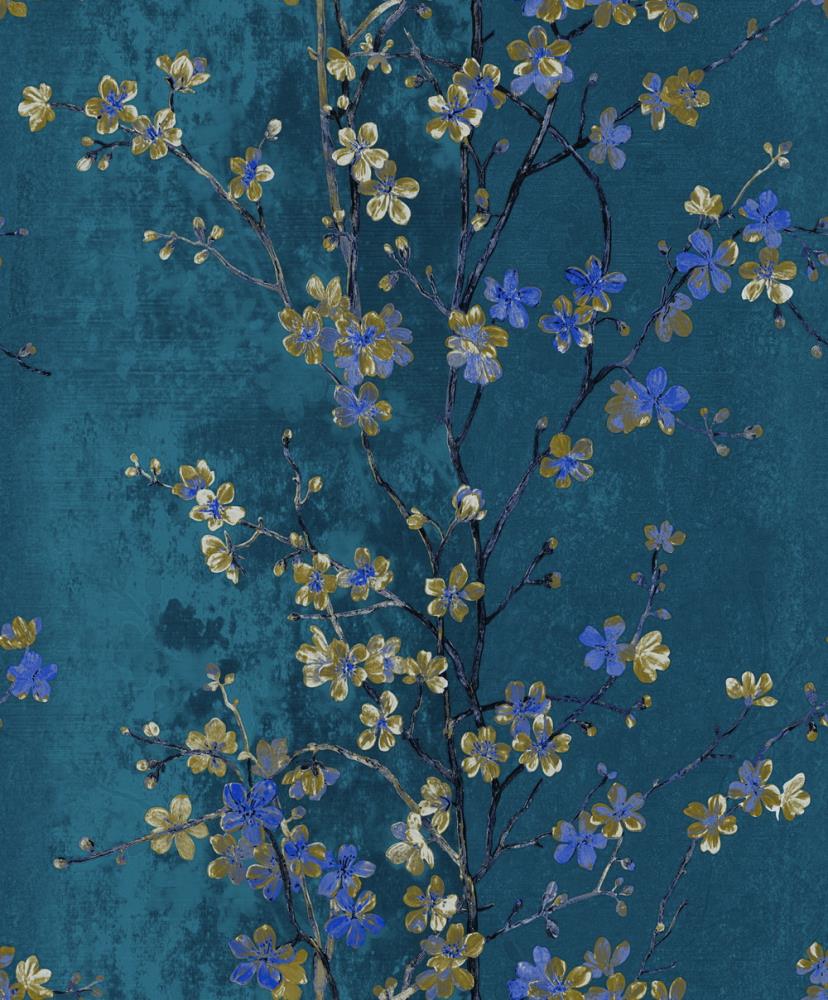 Dundee Deco Falkirk Ophia  ft Gold, Blue, Aegean Vinyl Floral  Unpasted Wallpaper in the Wallpaper department at 