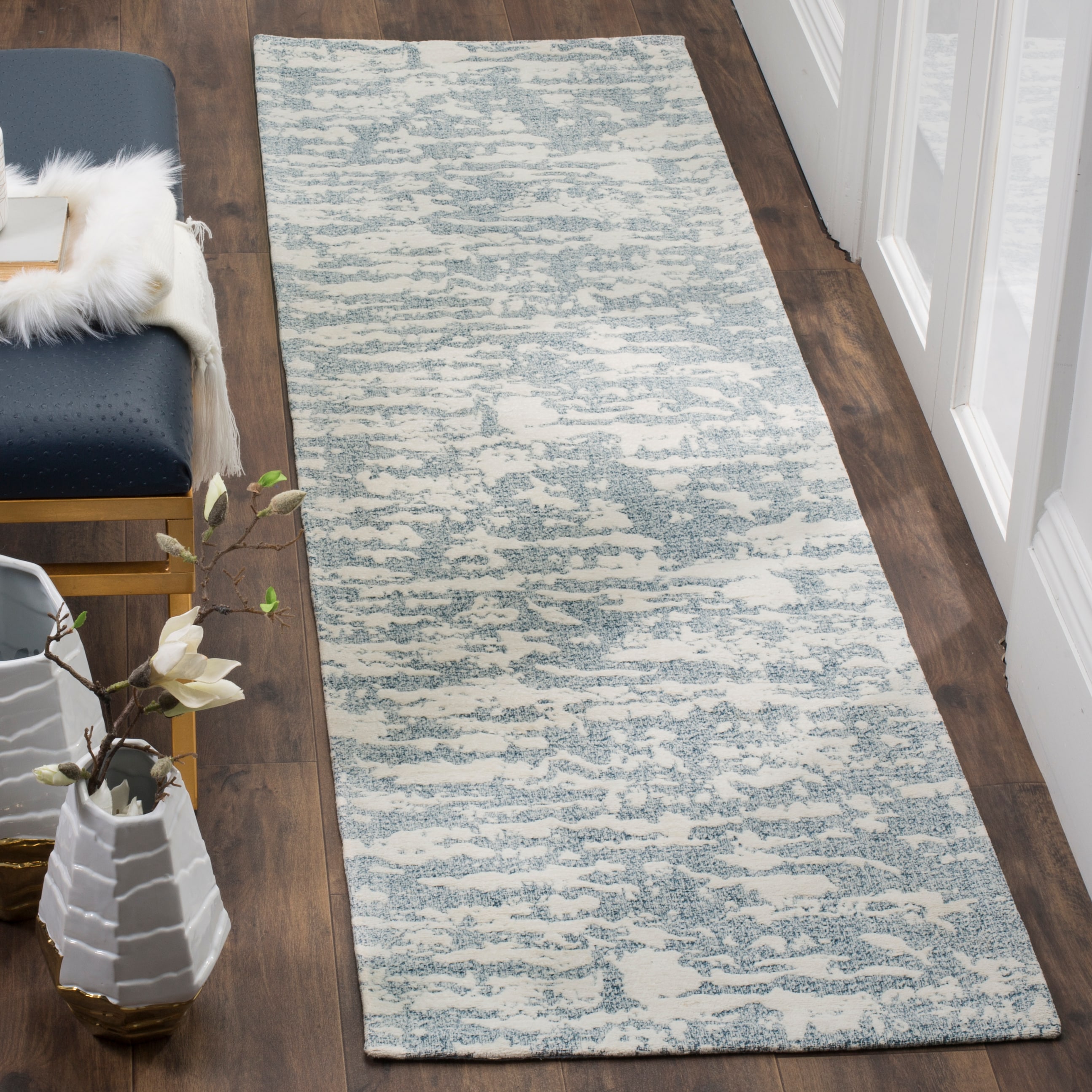 2 x 8 (ft) Loomed Blue / Ivory Rectangular Indoor Abstract Mid-Century Modern Professionally Clean Only Runner rug