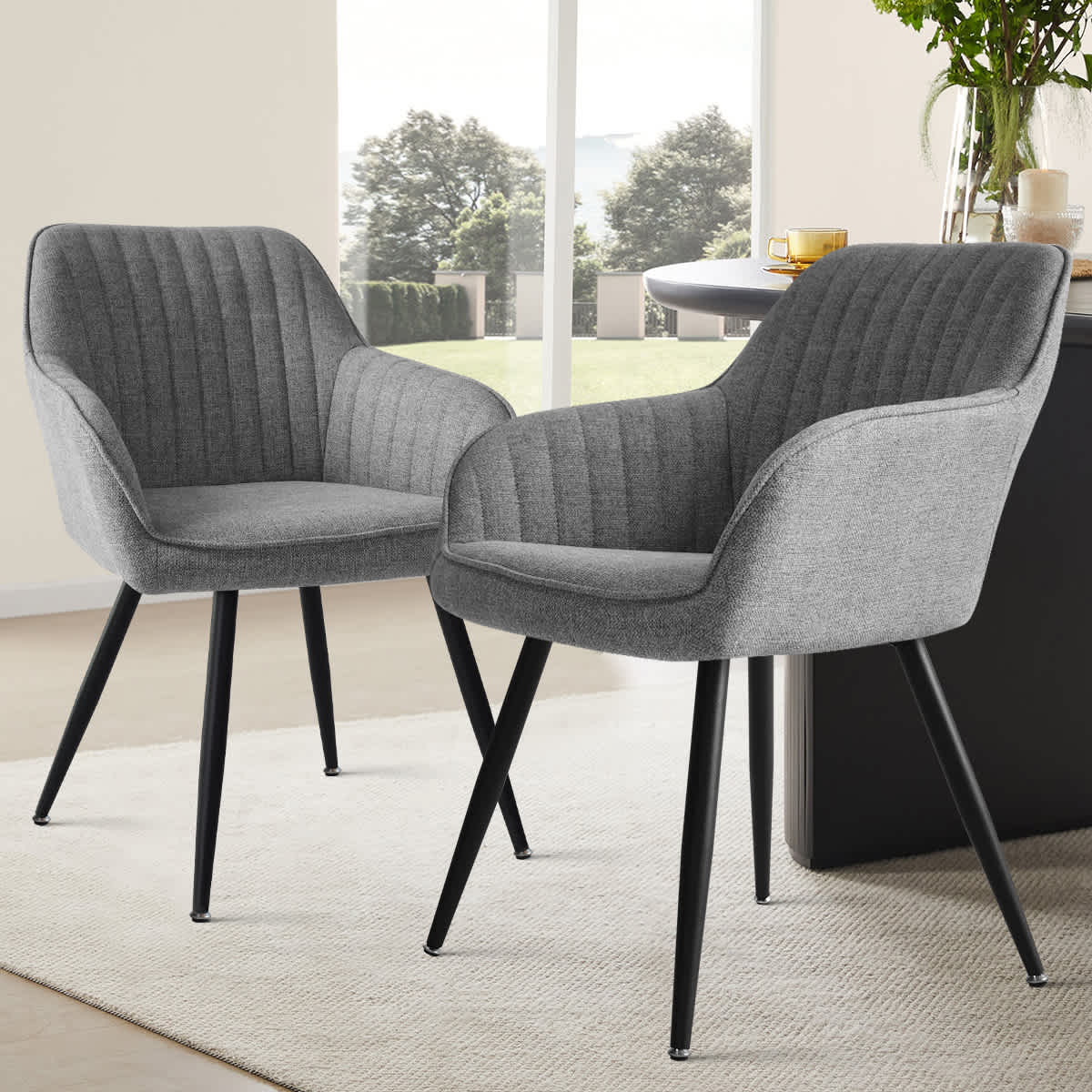 Maison Boucle BOSTON-ARM-GREY-2 Dining Chair Set of 2 Gray Upholstered Chairs with Armrests and Metal Legs for Dining Room