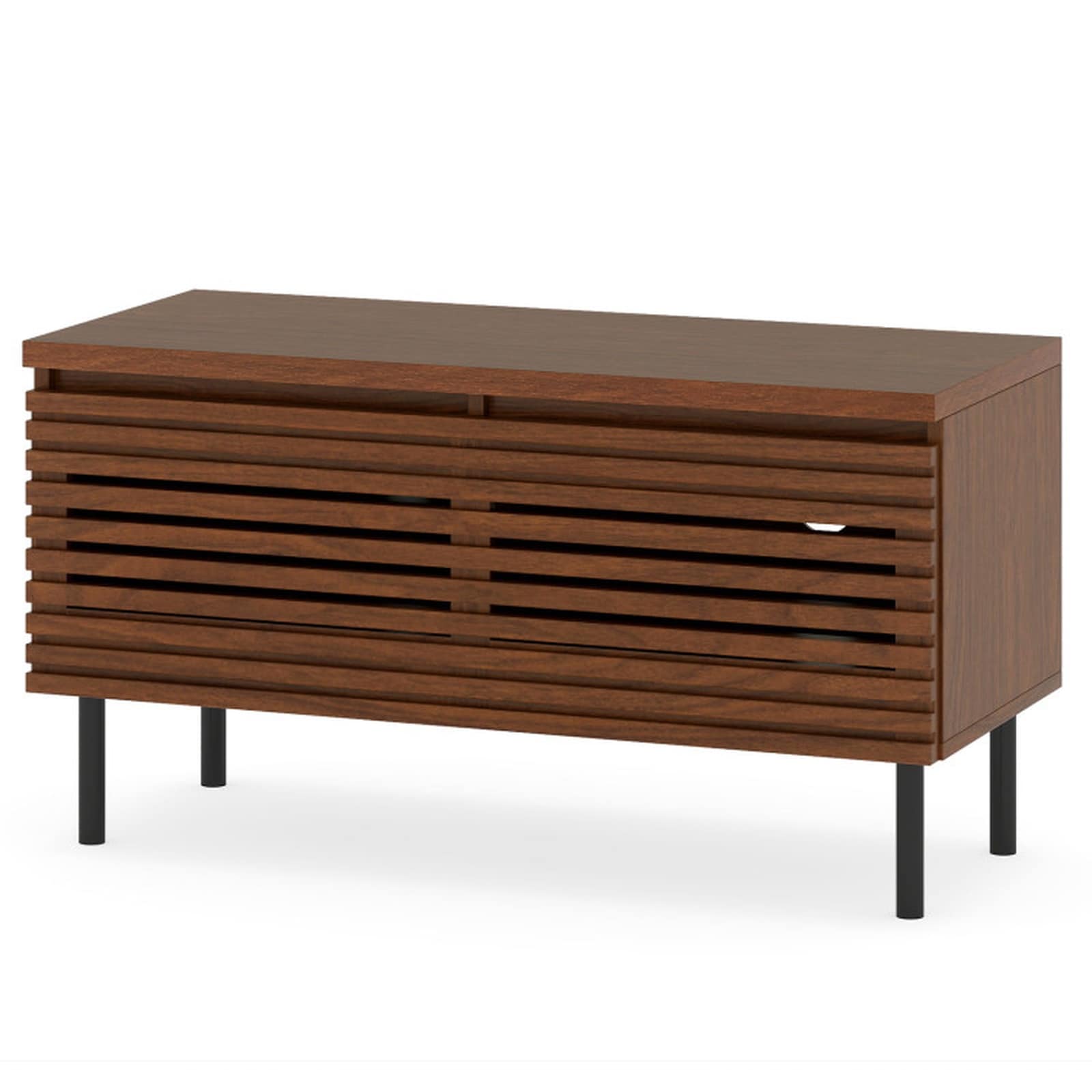 SUGIFT Mid-Century Fluted TV Stand for TVs up to 40-in - 35.5-in Walnut Media Console with 2 Hidden Compartments 90-lb Tabletop Rating 2 Cable Holes and 5.9-in Solid Metal Legs with Protective Foot Pads for a Bedroom or Small Living Room