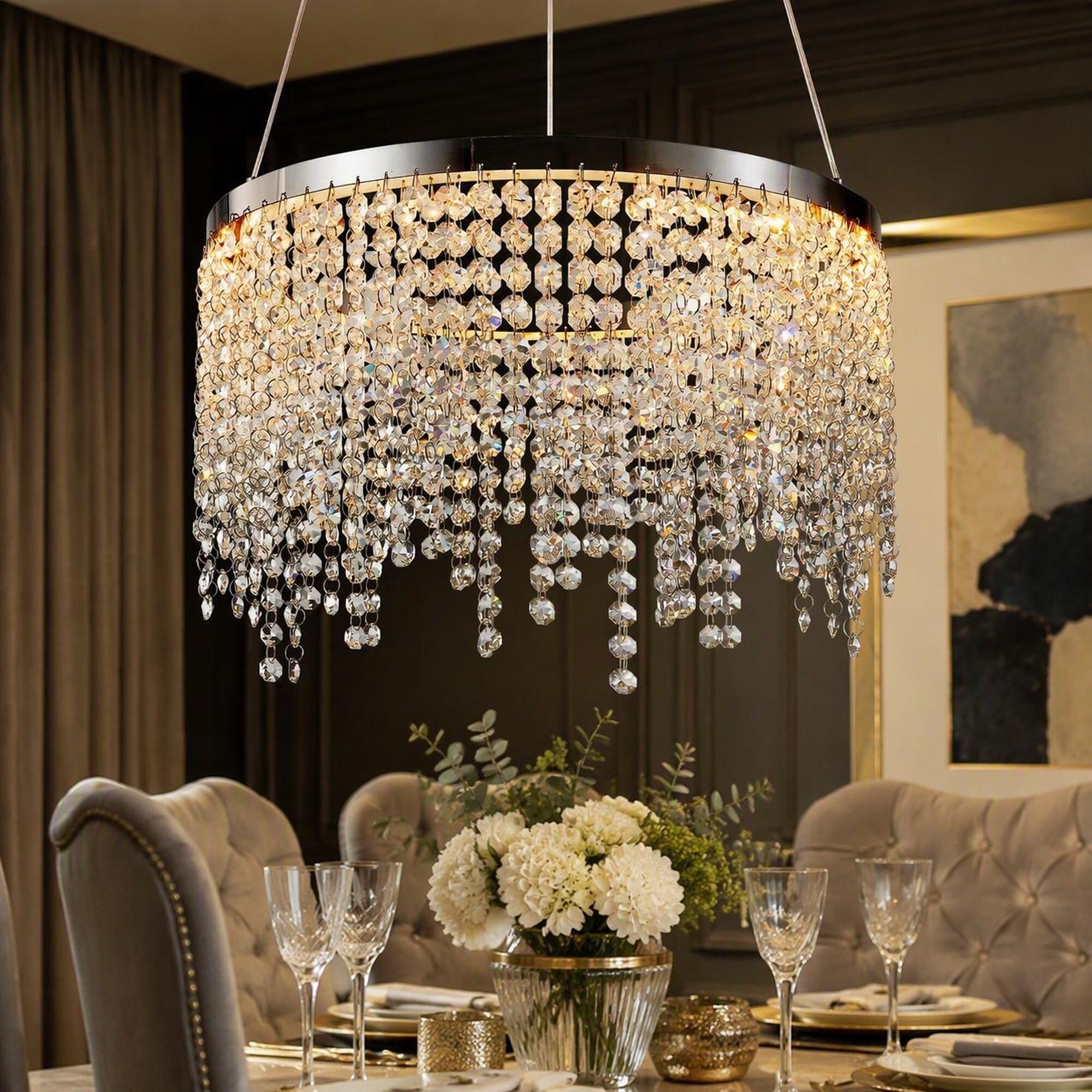 xersbav Luxury Crystal LED Chandelier 3 Color Dimmable Modern Pendant Light for Living Room Dining Room Bedroom Chrome 16 Inch
