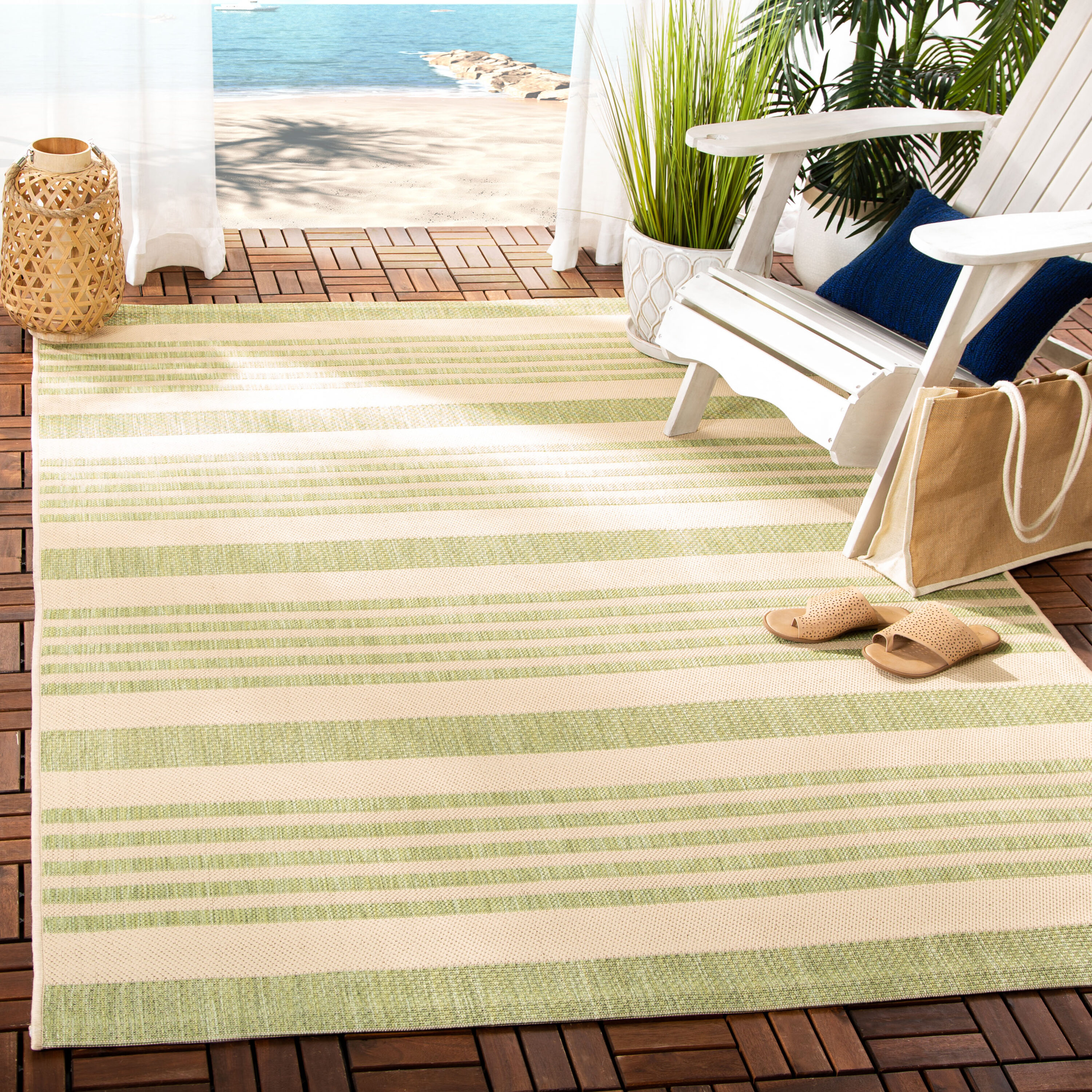 Safavieh Courtyard Dobby 3 x 5 Beige/Sweet Pea Indoor/Outdoor Stripe Coastal Throw Rug