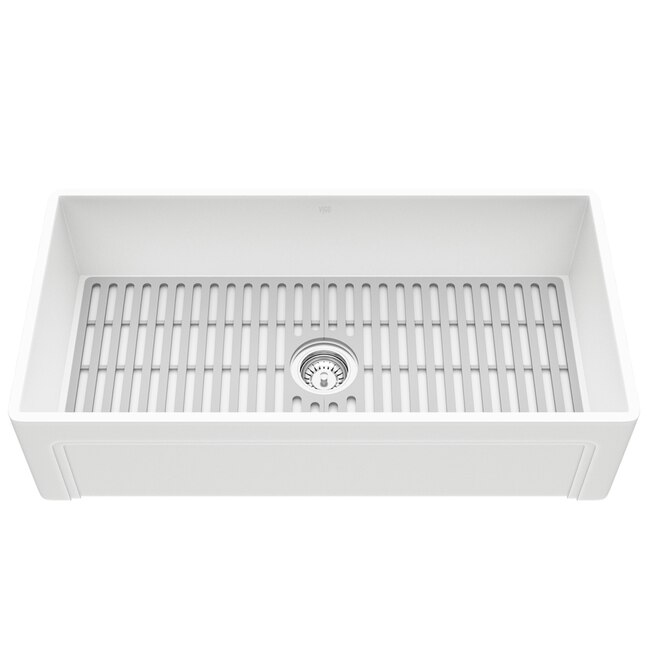 VIGO Matte Stone 36-in x 18-in Matte White Single Bowl Tall (8-in or Larger) Undermount Apron Front/Farmhouse Commercial/Residential Workstation Kitchen Sink VIGO Matte Stone 36-in x 18-in Matte White Single Bowl Tall (8-in or Larger) Undermount Apron Front/Farmhouse Commercial/Residential Workstation Kitchen Sink