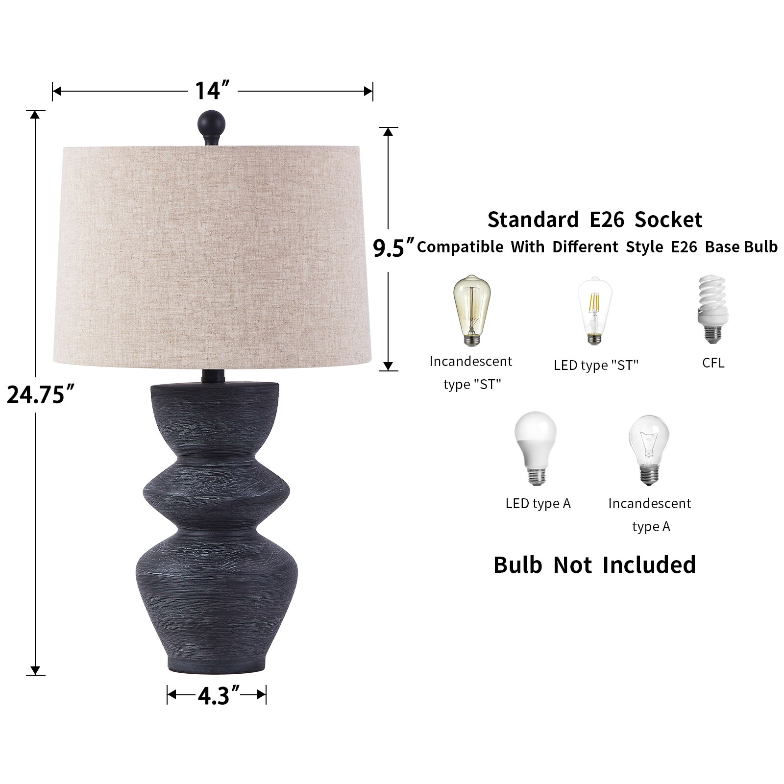 Kawoti 25" Black Distressed Ceramic Table Lamp with Beige Shade