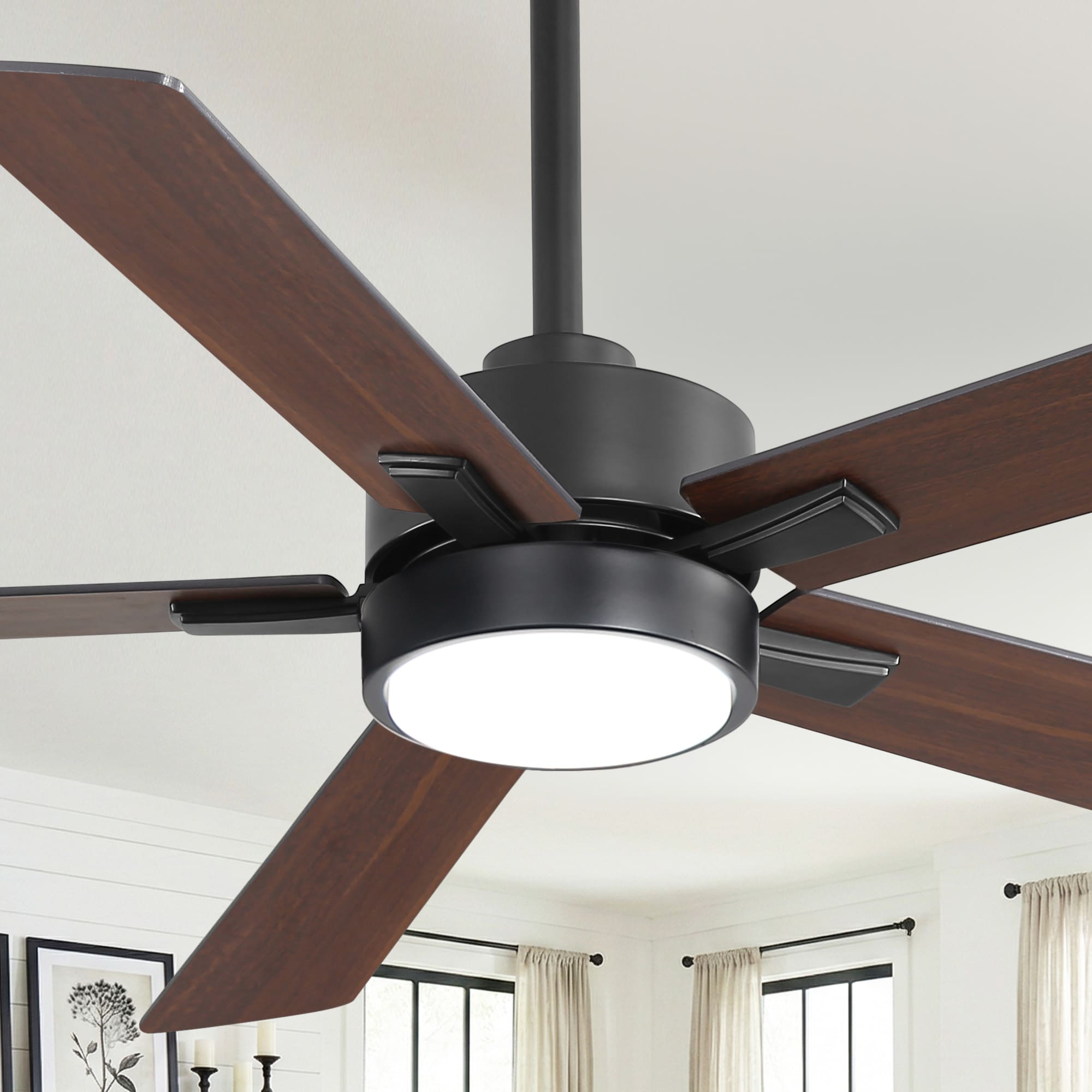 Breezary Modern Minimalist 52-in Matte Black with Light and Dark Walnut Blades LED Ceiling Fan With Light and Remote Control Included 5 -Blade