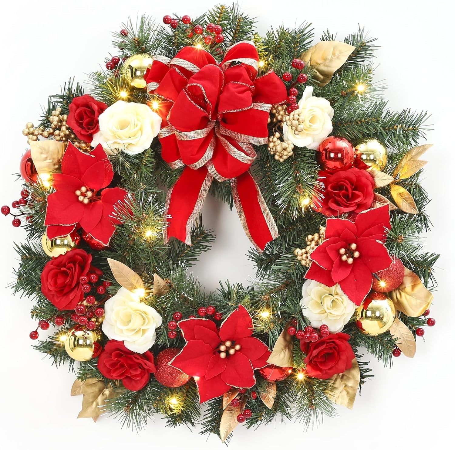 GAOMON 24Inch Pre-Lit Christmas Wreath with Red Bow- Artificial Flowers and Balls- Battery Operated- Indoor/Outdoor Holiday Decor for Front Door- Wall- Fireplace