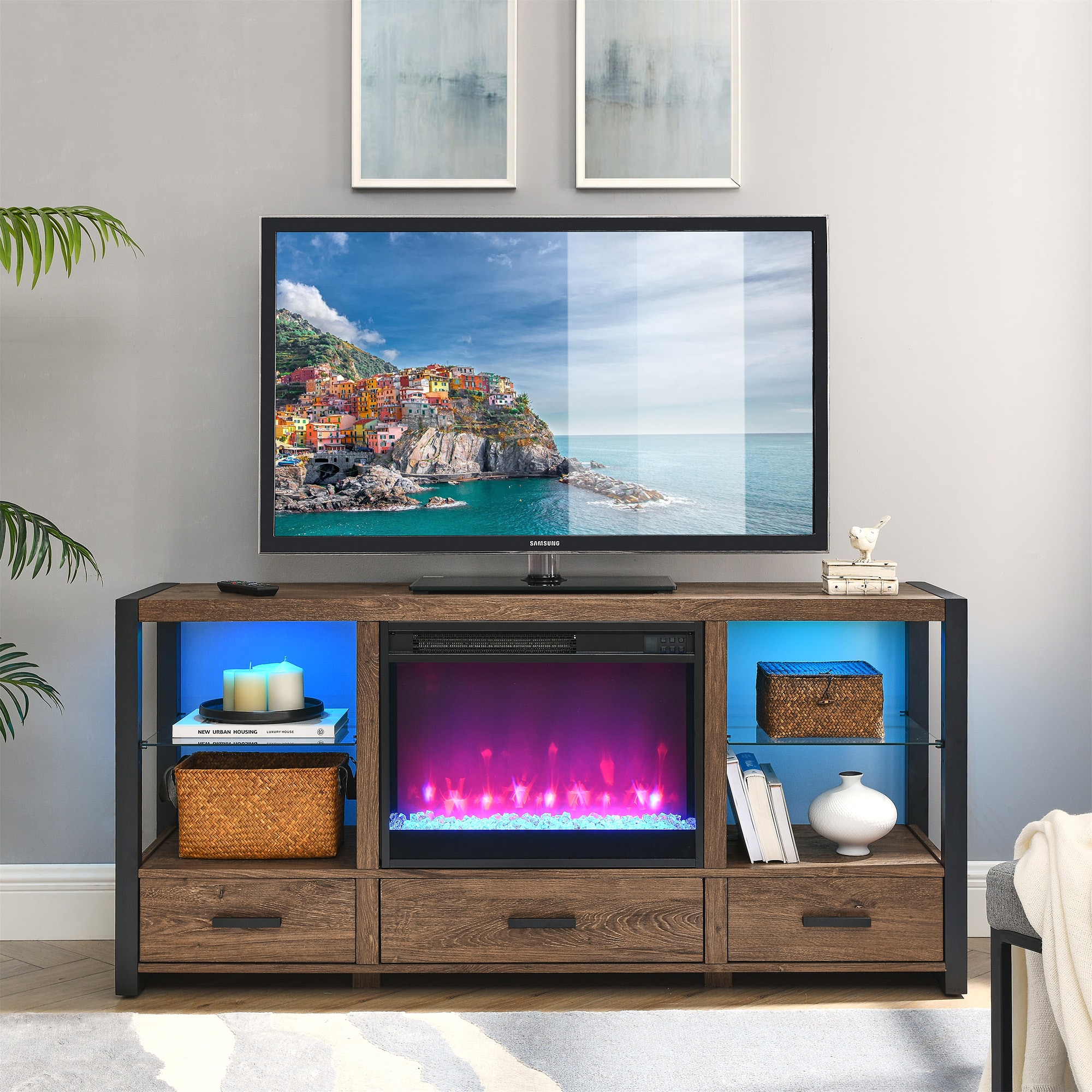 Clihome CL-CB70514 60-Inches W Brown TV Stand with Fan-forced Flat wall Electric Fireplace with Remote Control Included