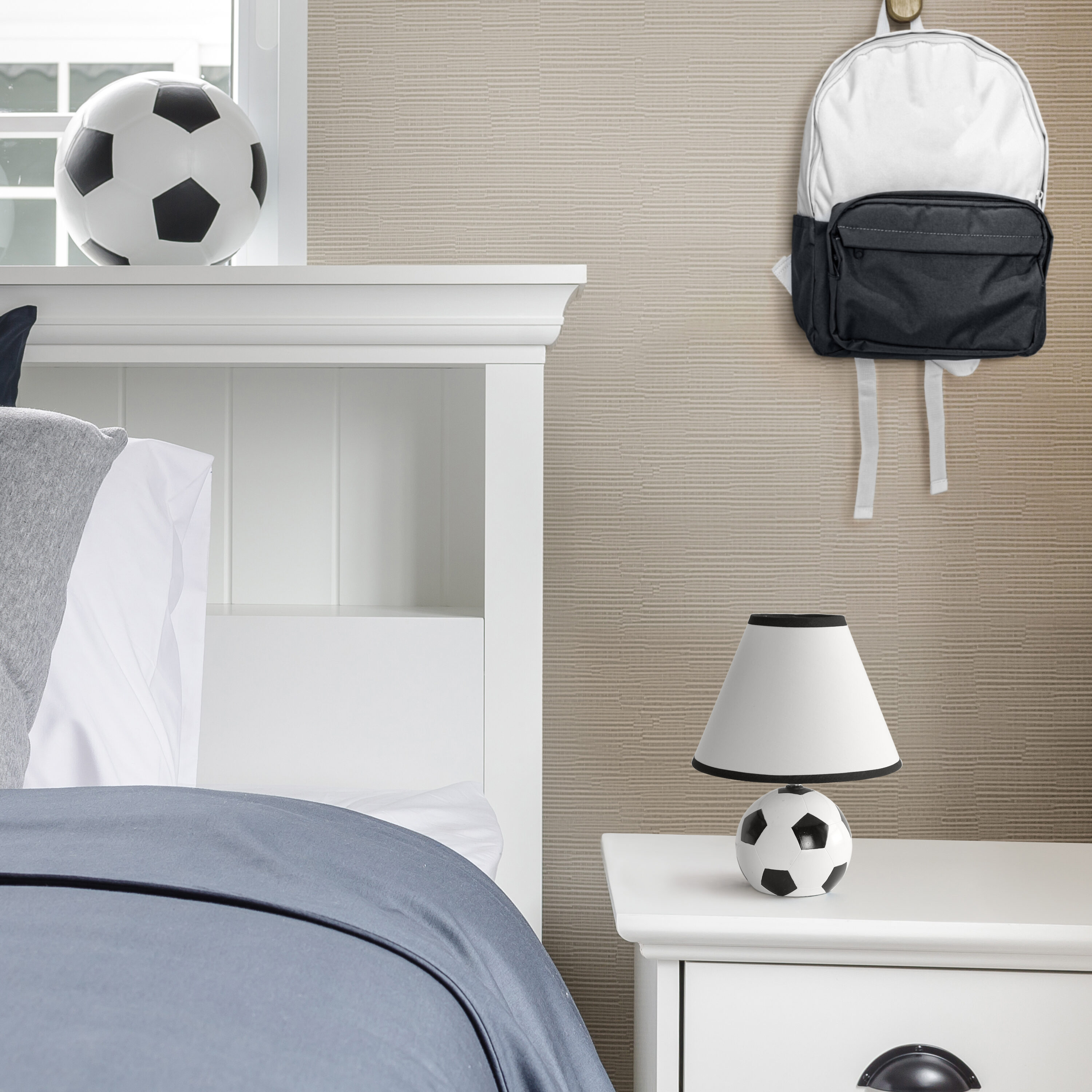 11.5" White and Black Ceramic Soccer Ball Table Lamp