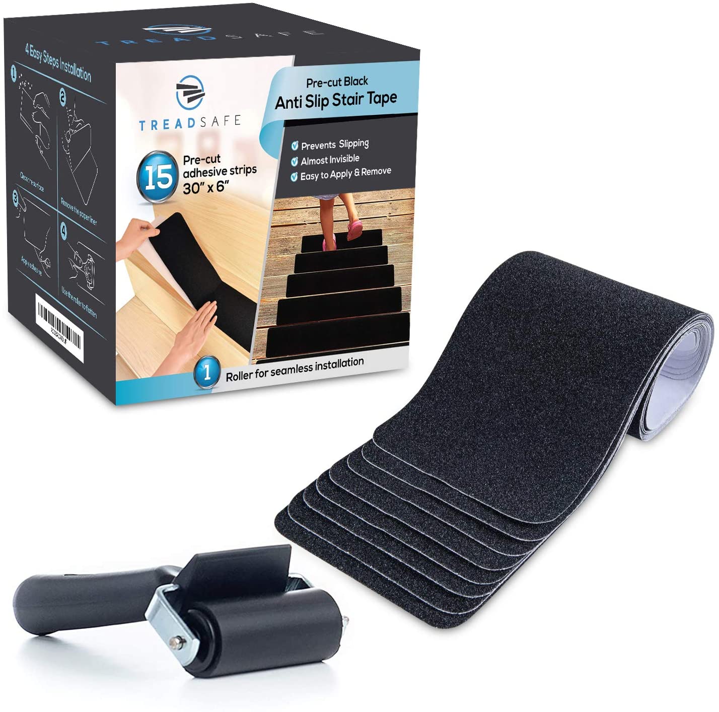 TreadSafe Black anti-slip traction tape- 15 pre-cut strips Stick All  Purpose Waterproof, Quick Dry, Flexible Multipurpose Adhesive at