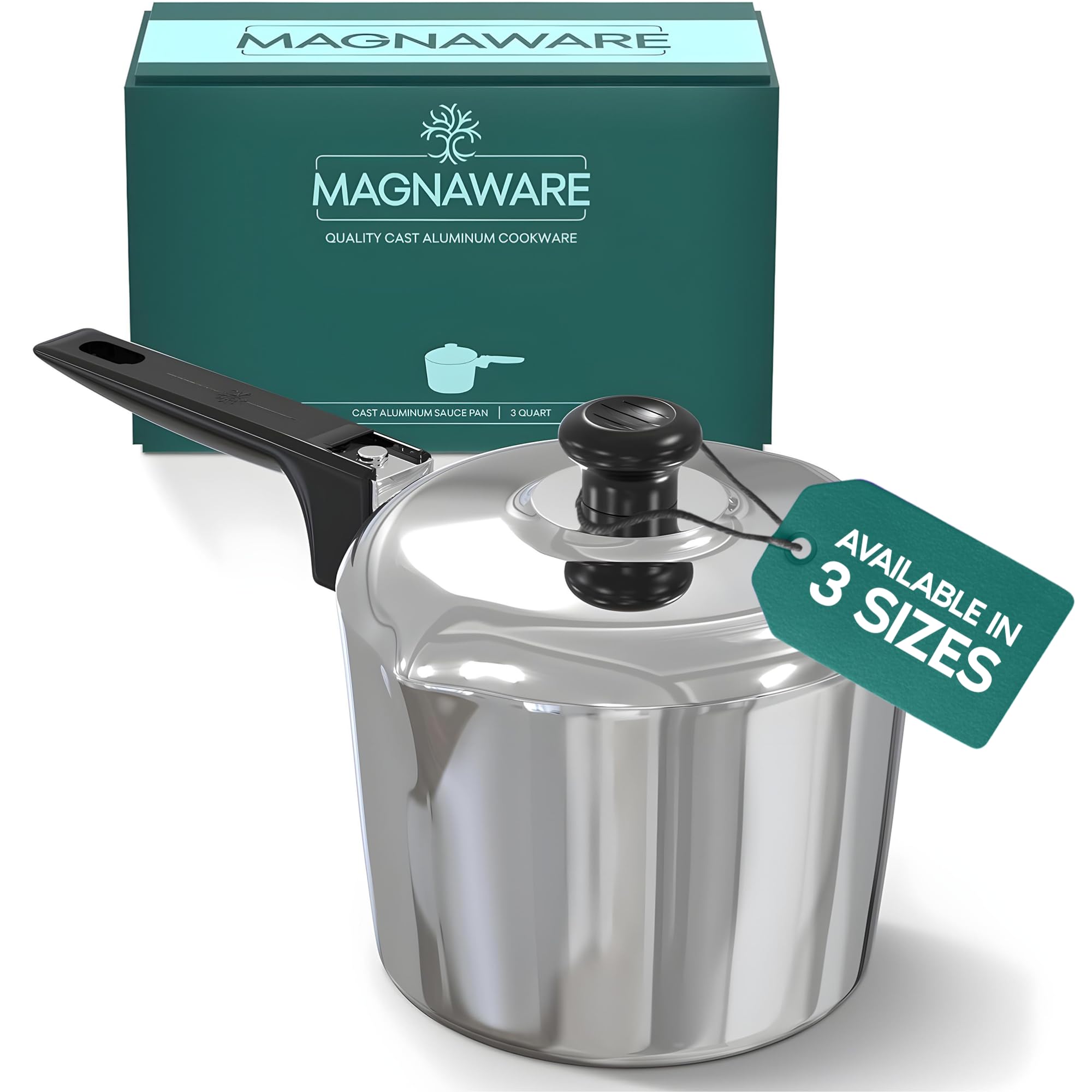 MAGNAWARE  Cast Aluminum Saucepan with Lid 3-Quart - Lightweight Oven-Safe Sauce Pan with 2 Side Pour Spouts and Stay-Cool Handle