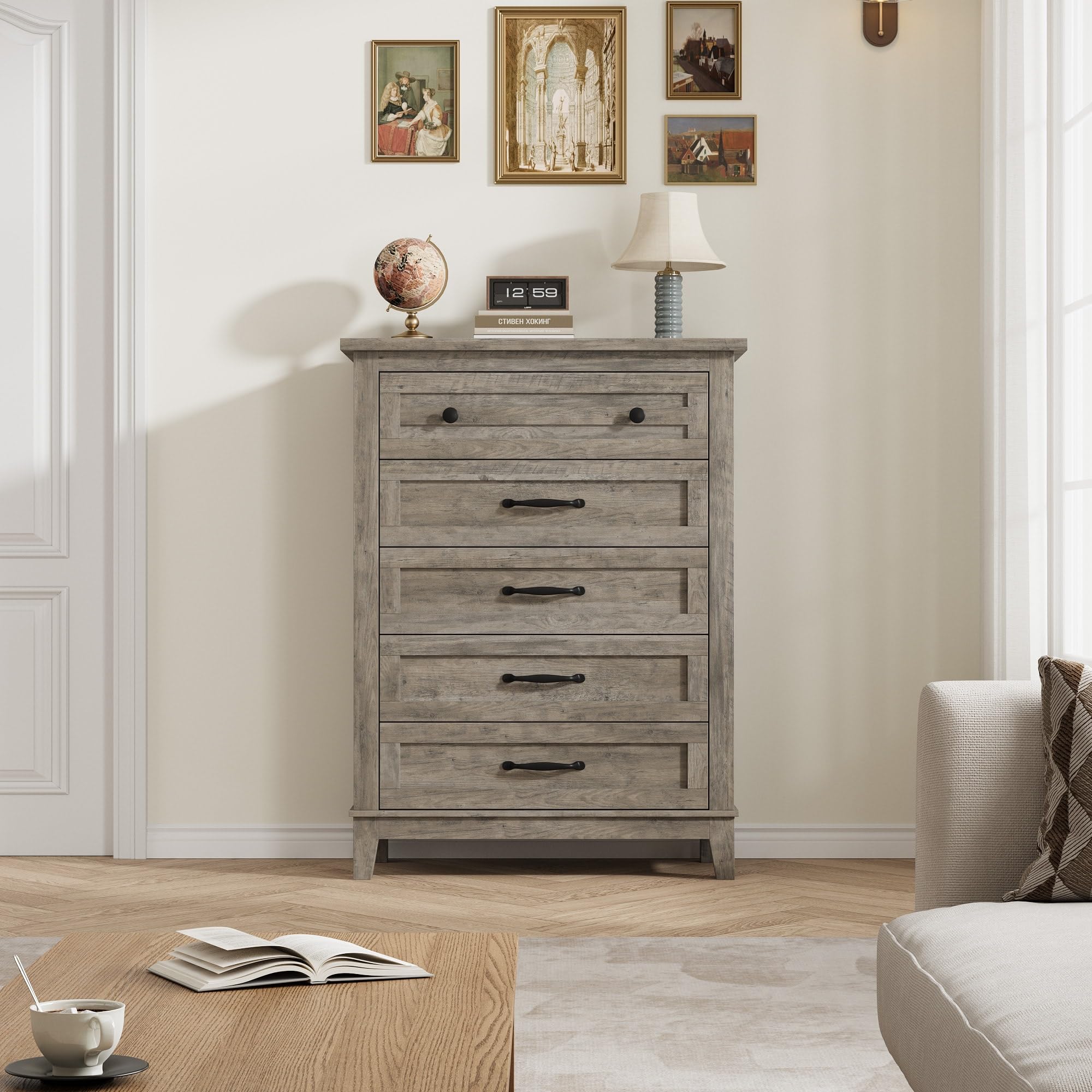 tall grey dresser Garvee 5-Drawer for Bedroom, Modern Dresser Organizer with Storage Drawers, Sturdy Wooden Chest for Entryway, Hallway, Home Office the dresser is the perfect storage solution in smaller spaces 5 Dresser for Bedroom, 47"