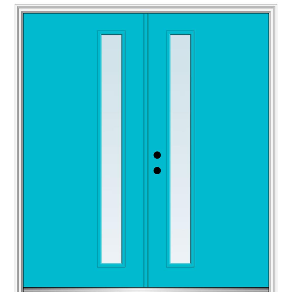 MMI DOOR ZZ345719R Spotlights 60-in x 80-in x 4-9/16-in Fiberglass Pulse lite Right-hand inswing Bahama Blue Painted Prehung Double Front Door with Brickmould Insulating core