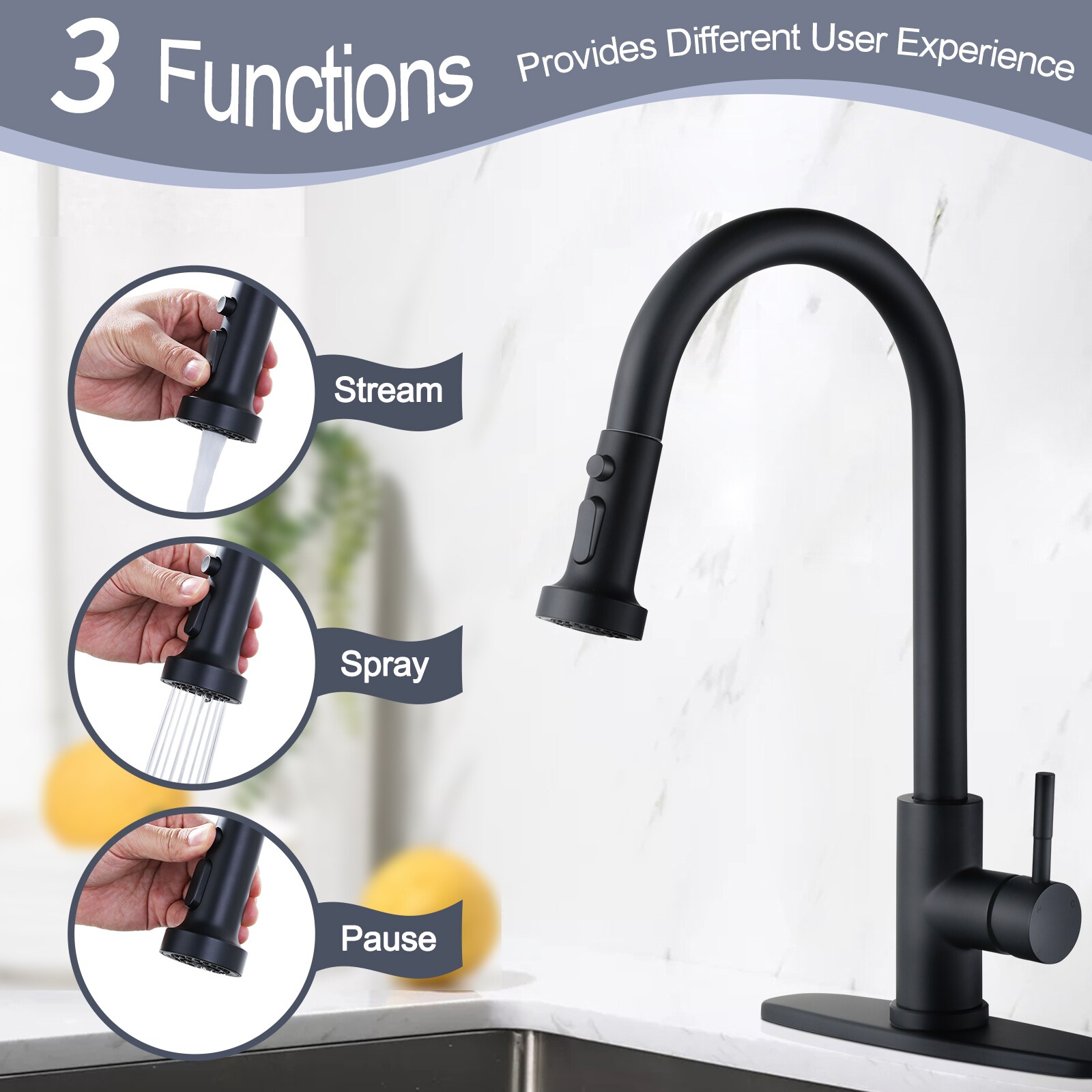 WOWOW Matte Black Single Handle Pull-down Kitchen Faucet with Sprayer ...