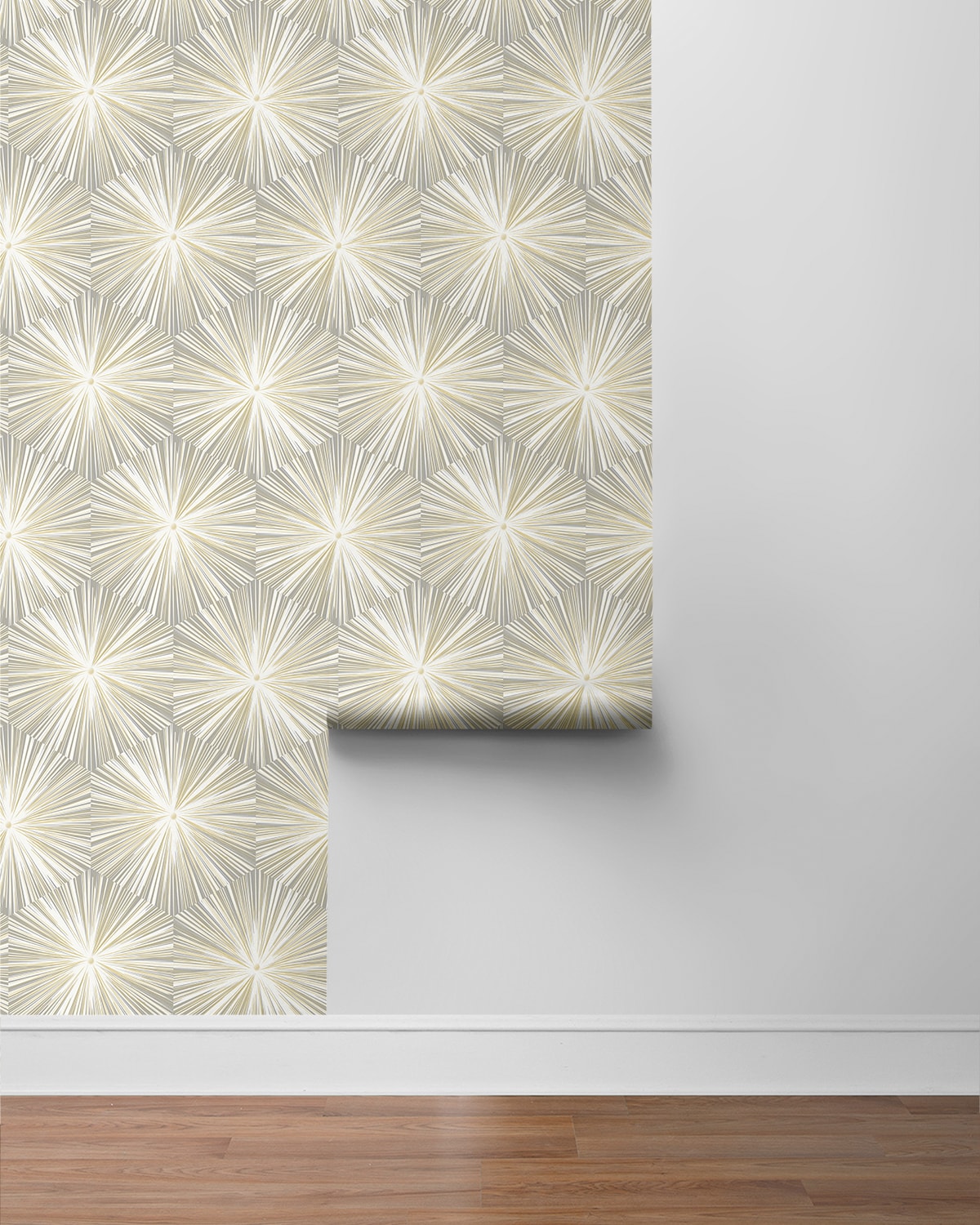 Grey and Metallic Gold Hex Starburst Peel and Stick Wallpaper