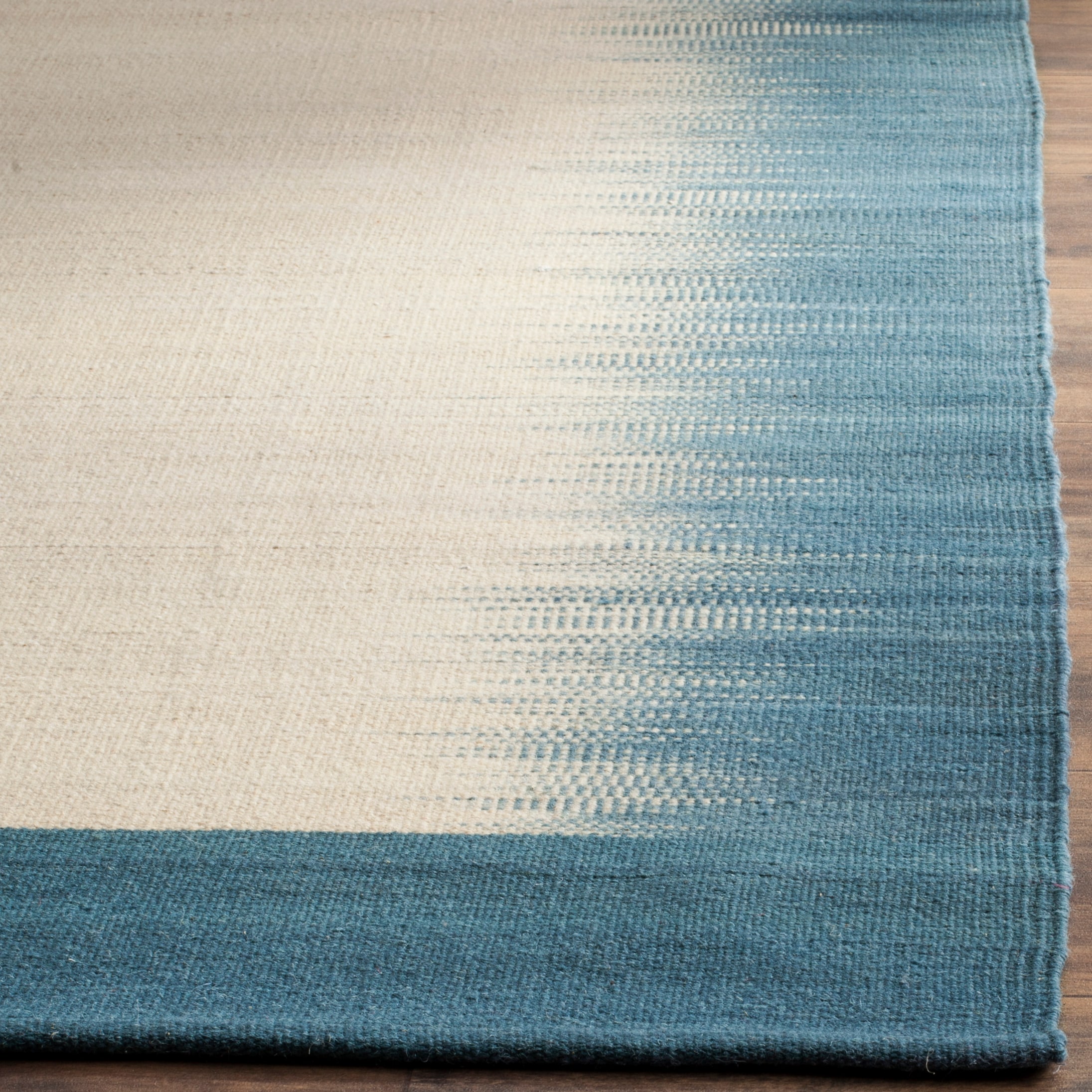 Light Blue and Beige Wool Flat Woven Reversible Rug, 4' x 6'