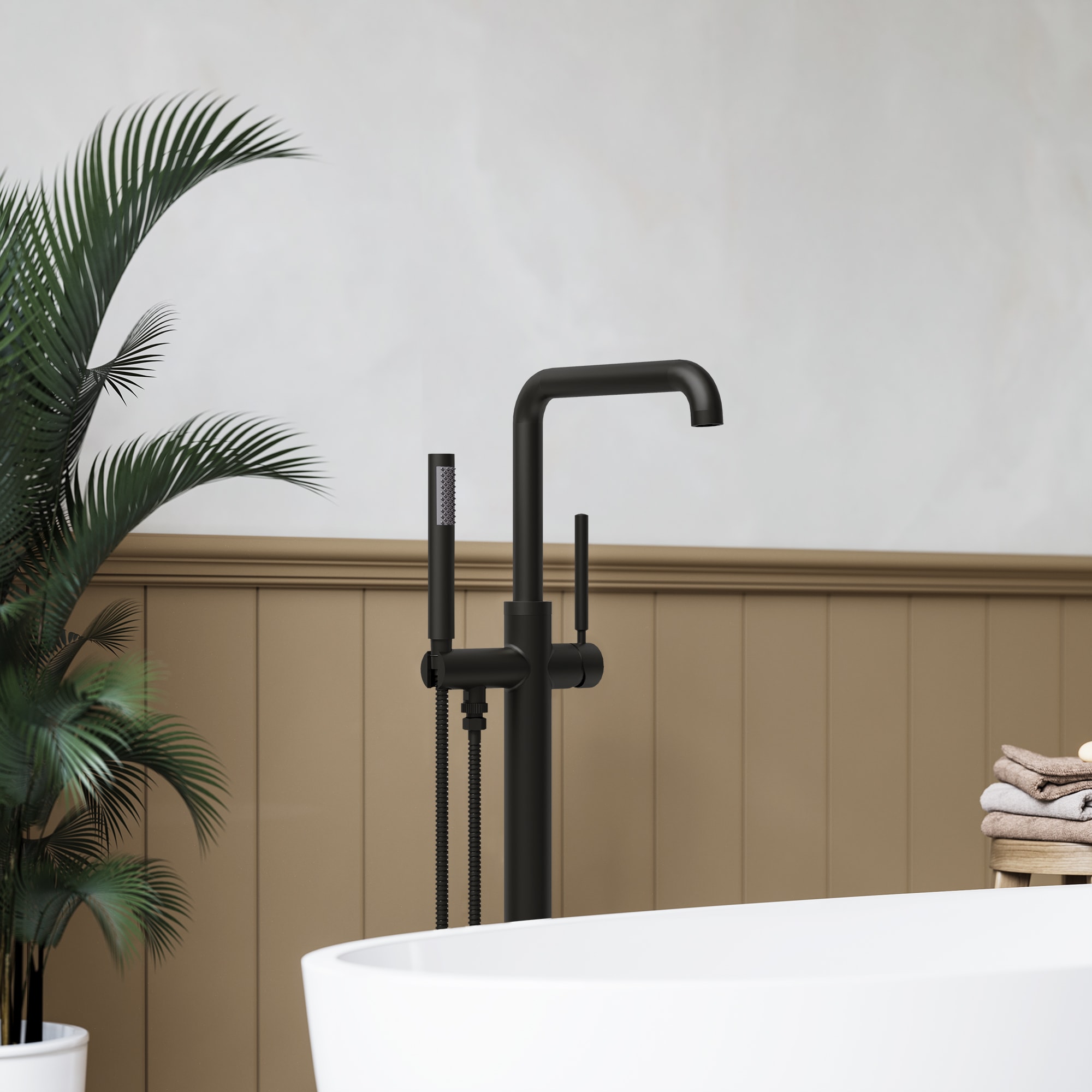 GRANDJOY -  Freestanding Bathtub Faucet with Hand Shower Matte Black Single Handle Bathtub Faucet...