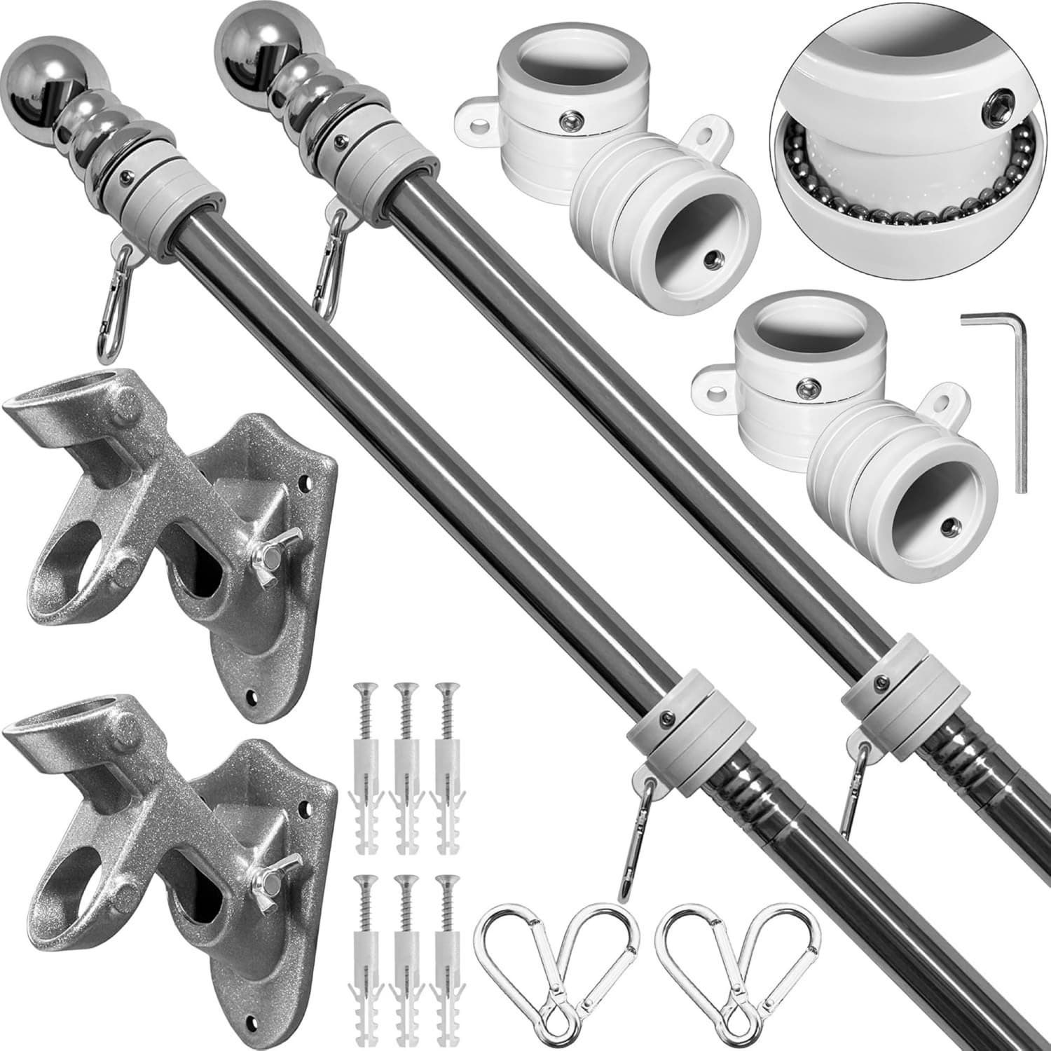 Angel Sar - 2-Pack 6ft Silver Flag Pole Kit with Heavy Duty Metal Holder for Outside House