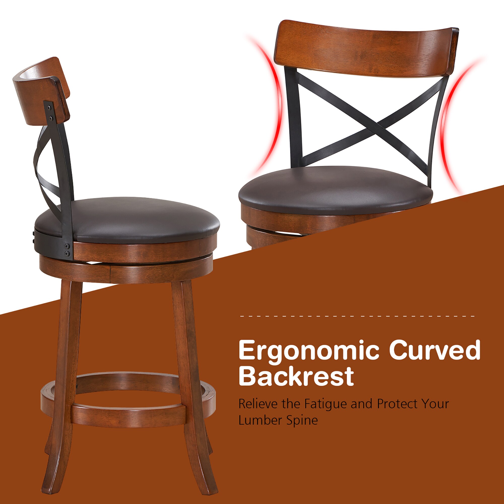Set of 2 Swivel Brown Rubberwood Bar Stools with Metal Backrest