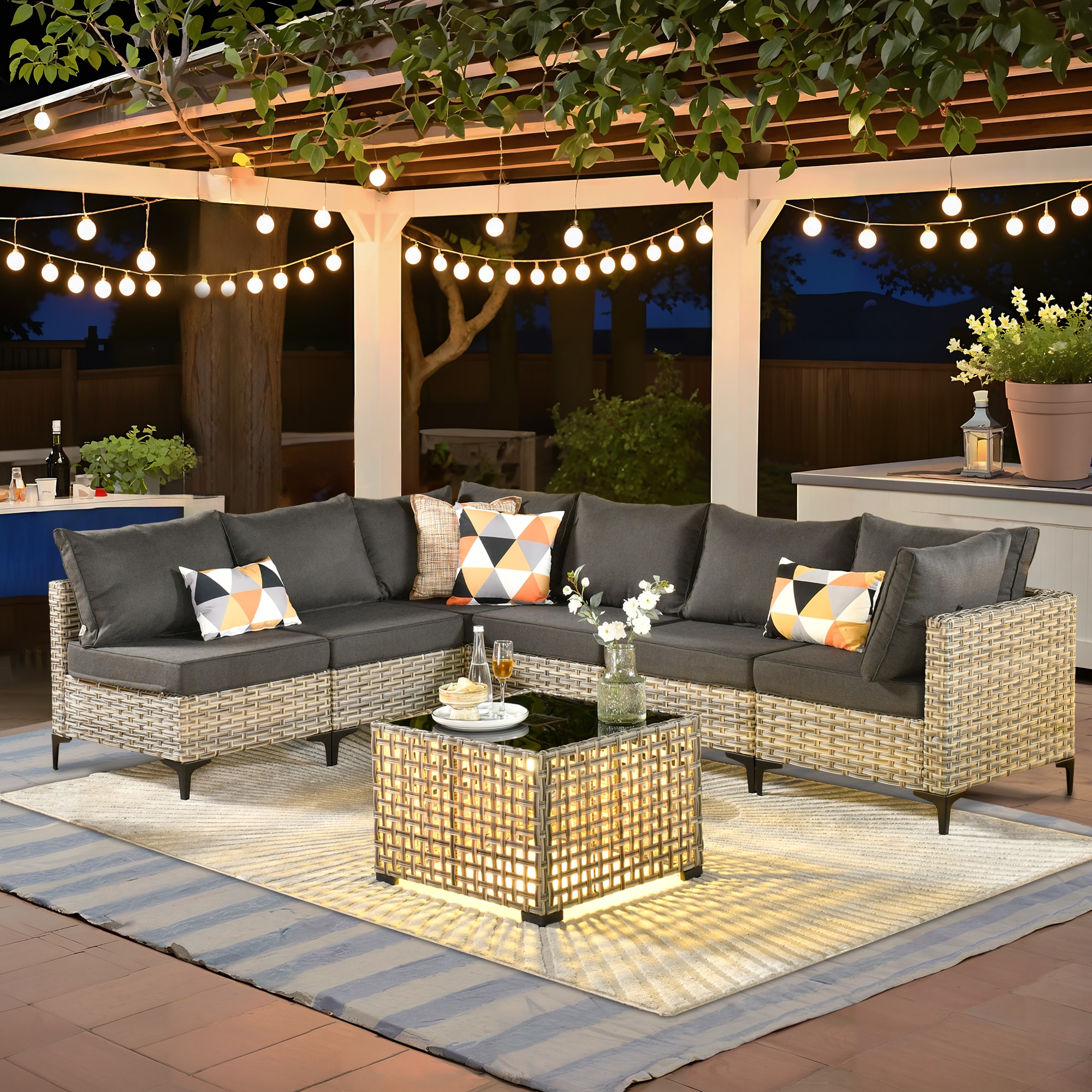 weaxty DSCRRS107 Lotus Wicker Outdoor Sectional with Black Cushions and Steel Frame