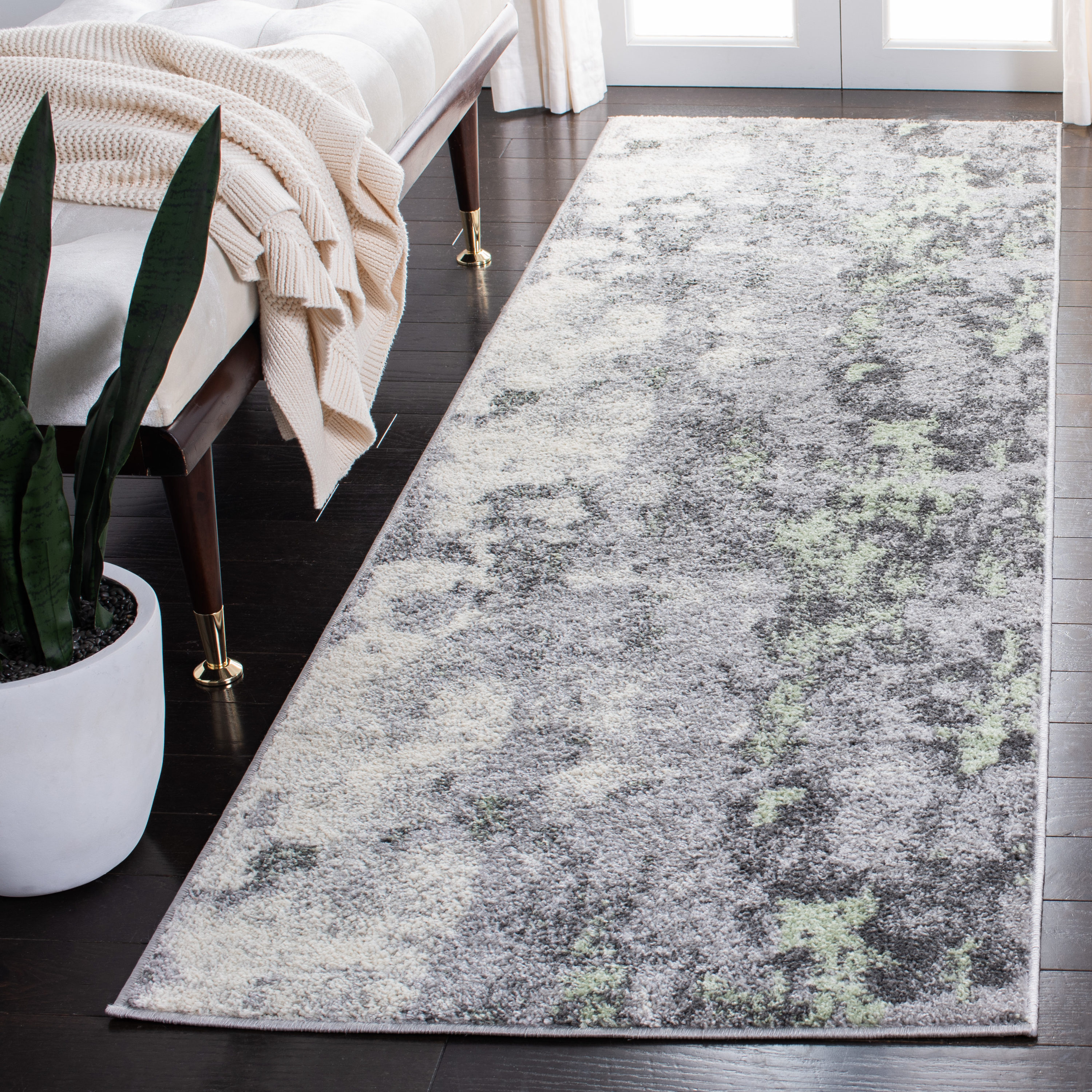 Adirondack Green and Grey Abstract Runner Rug, 2'6" x 14'