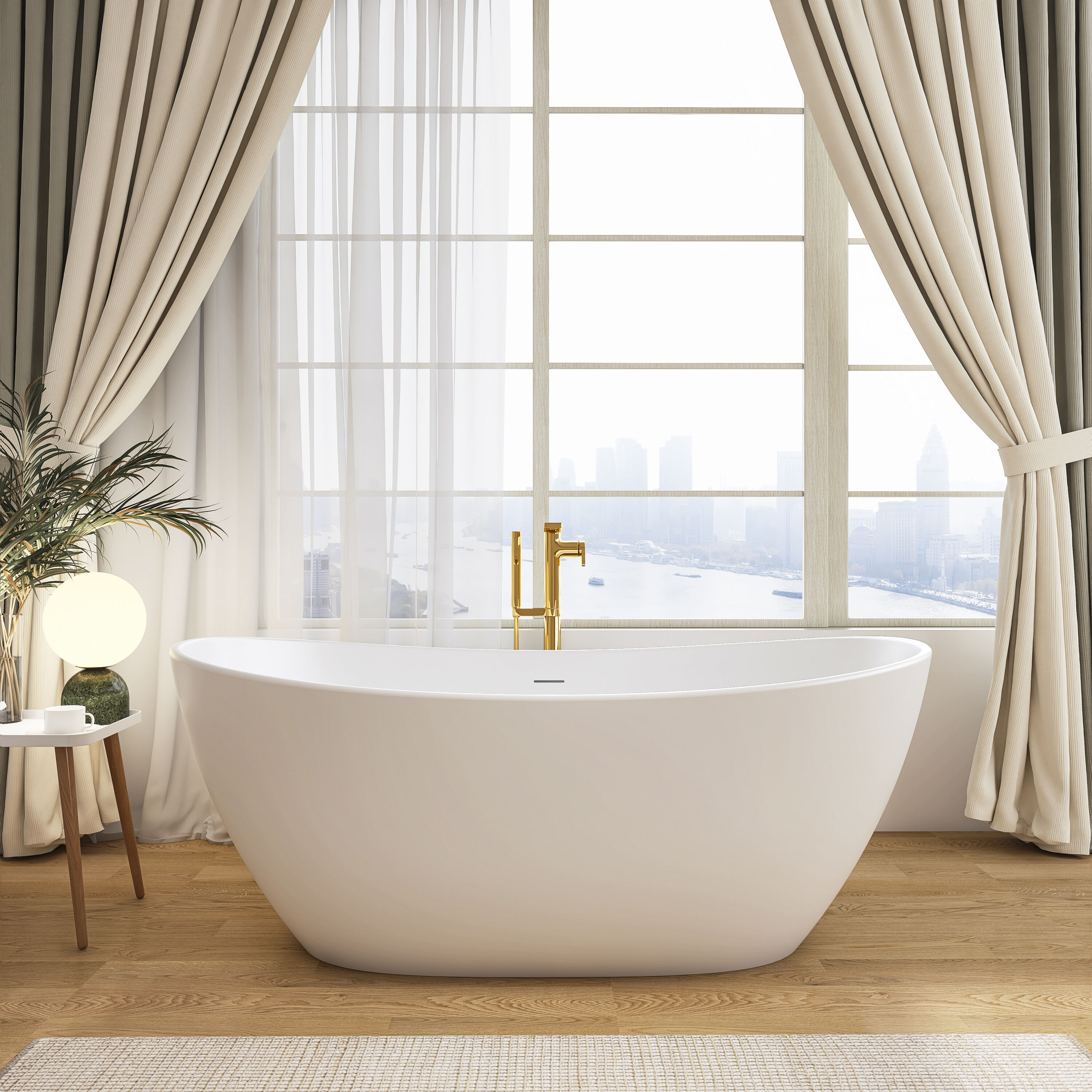 GDFStudio Modern Contemporary 64.96 in Solid Surface Freestanding Soaking Bathtub with Ergonomic Design and Durable Construction Easy Installation and Matte Finish - Matte White