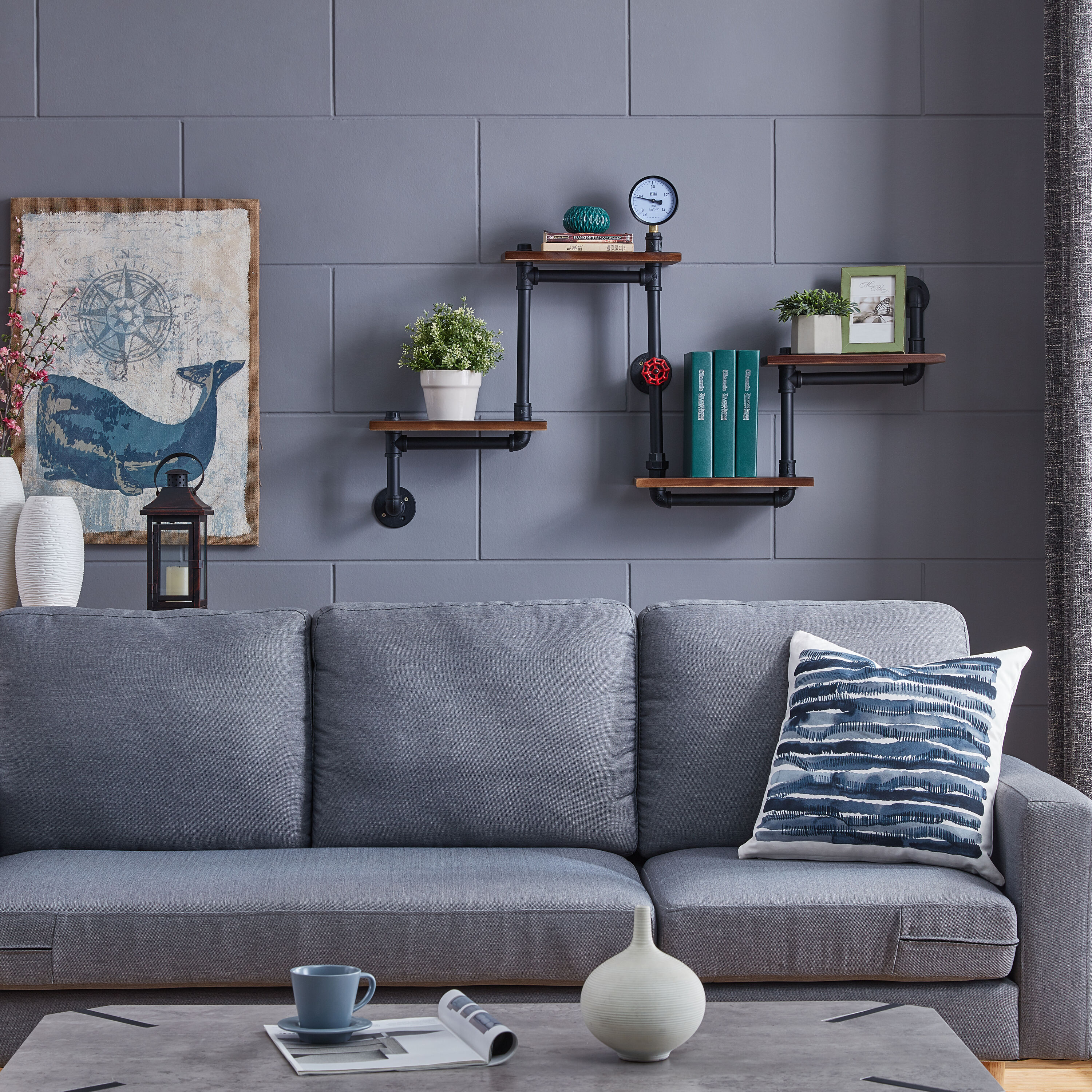Industrial Chic 26" Black Iron and Wood Wall Shelving Unit