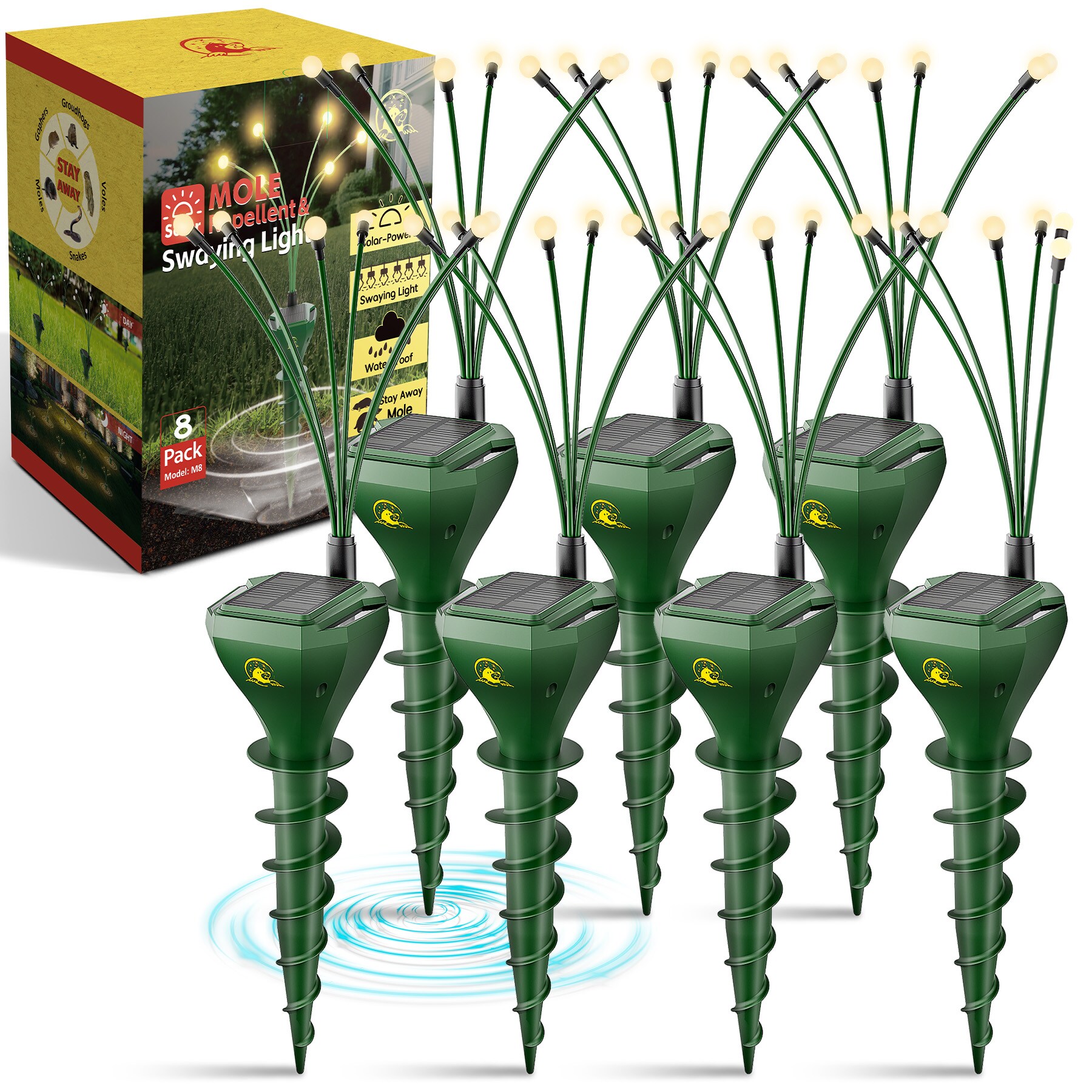 PatioEasy 8 Pack Mole Repellent Solar Powered with Swaying Lights