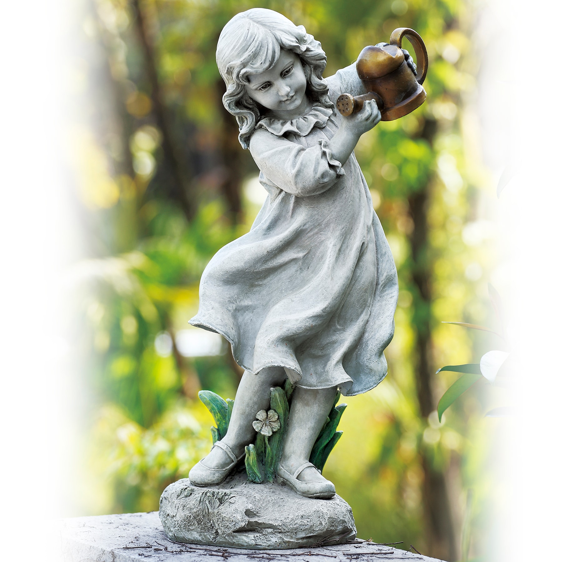 Gray Resin Girl with Bronze Watering Can Garden Statue