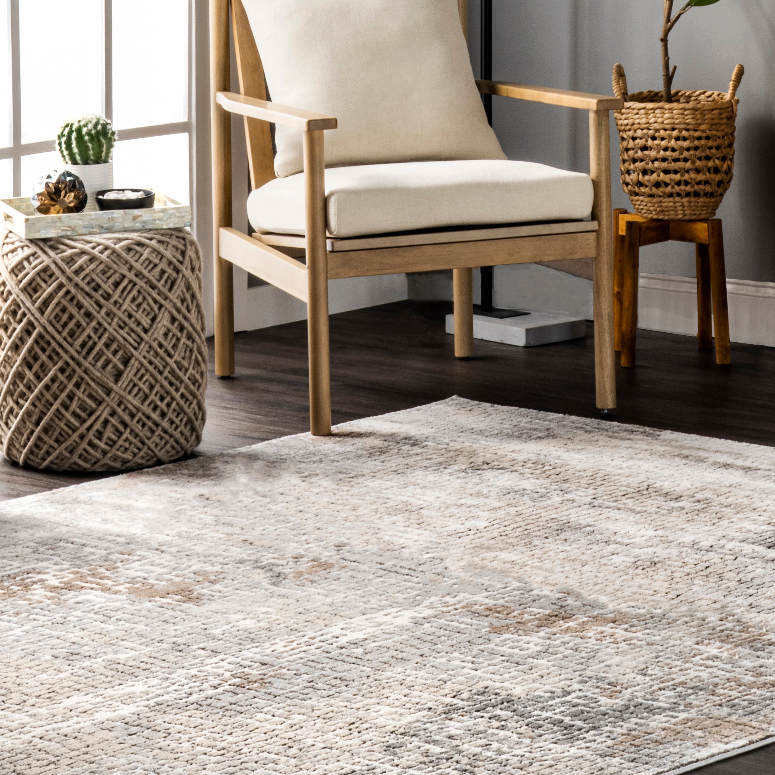 Contemporary Abstract Tile 7x9 Beige Synthetic Area Rug