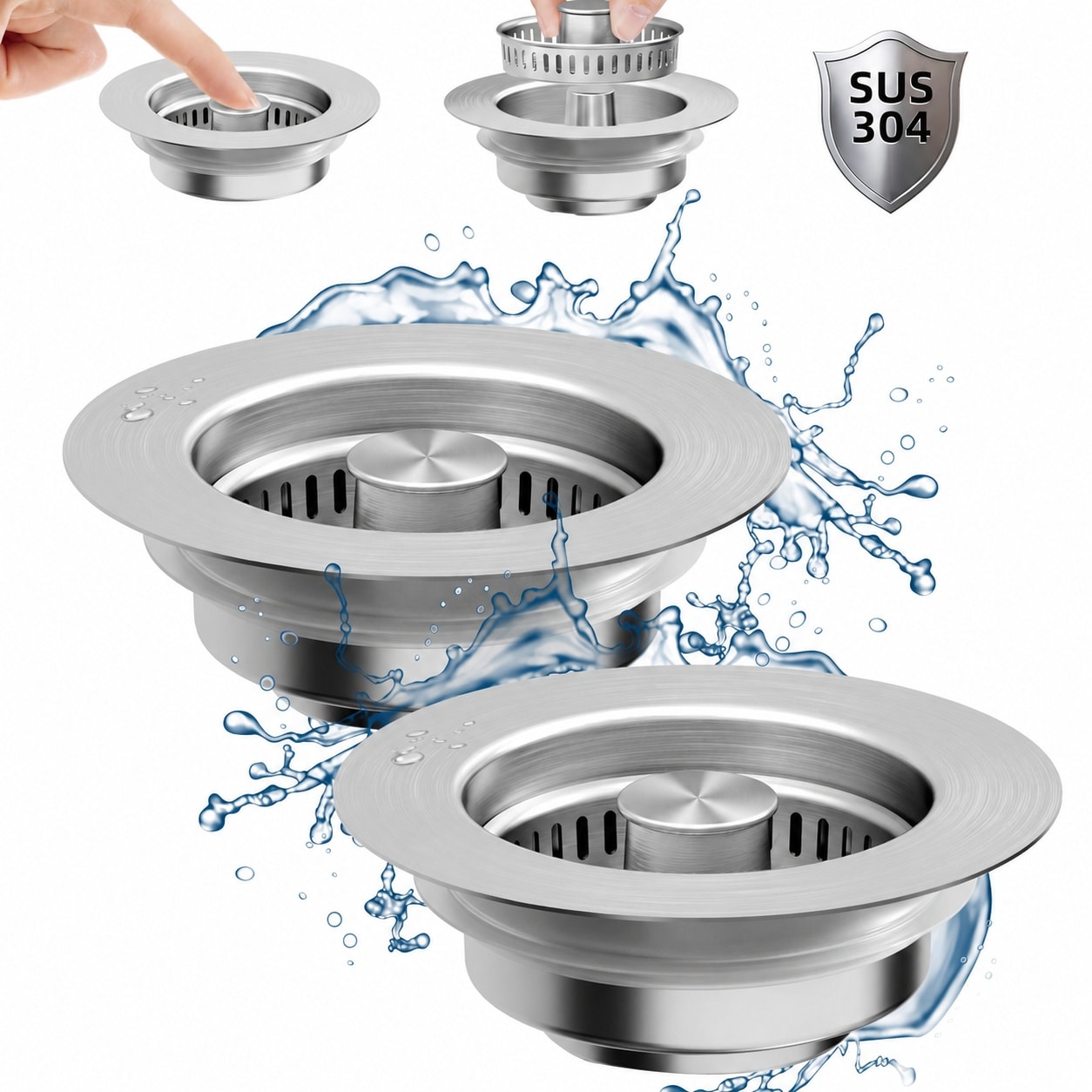 Yichuhaoxi  Kitchen Sink Drain Strainer 2 pack Stainless Steel Pop Up Sink Stopper 3 in 1 Anti Clog Basket Odor Filter Fits Standard Half Inch