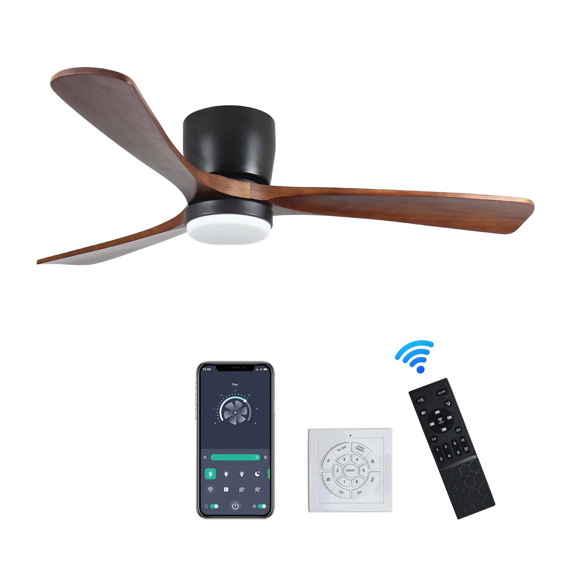 SINOFURN SYB510077BN 42-in Color-Changing Integrated LED Flush Mount Smart Black+Brown with Wood Blades Ceiling Fan With Light - Remote Included ( 3 -Blade )