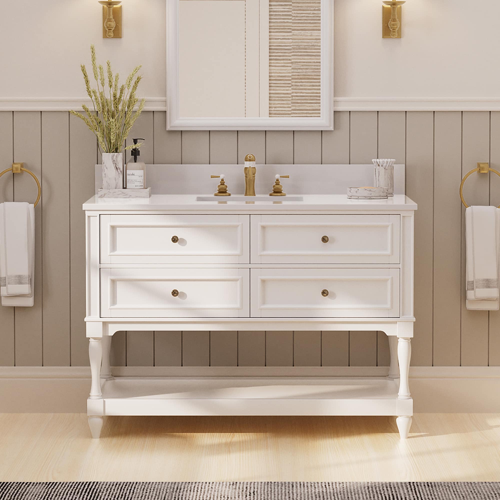 VOUA SAF-LSB-BE 48-in White Single Sink Bathroom Vanity with White Marble Top
