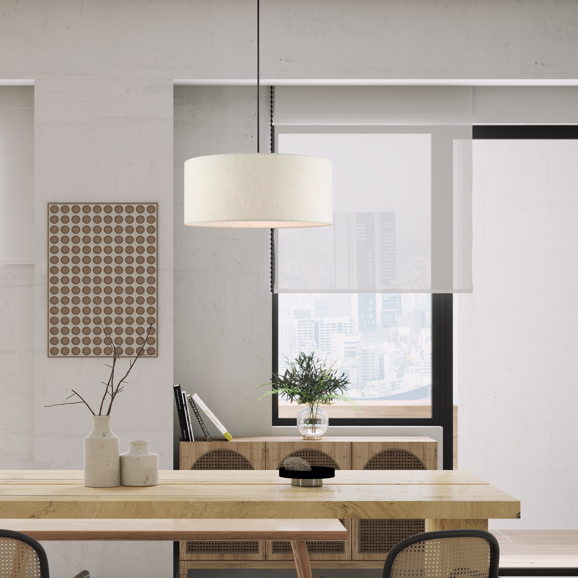 Meadow 3-Light English Bronze Drum Pendant with Oatmeal Shade