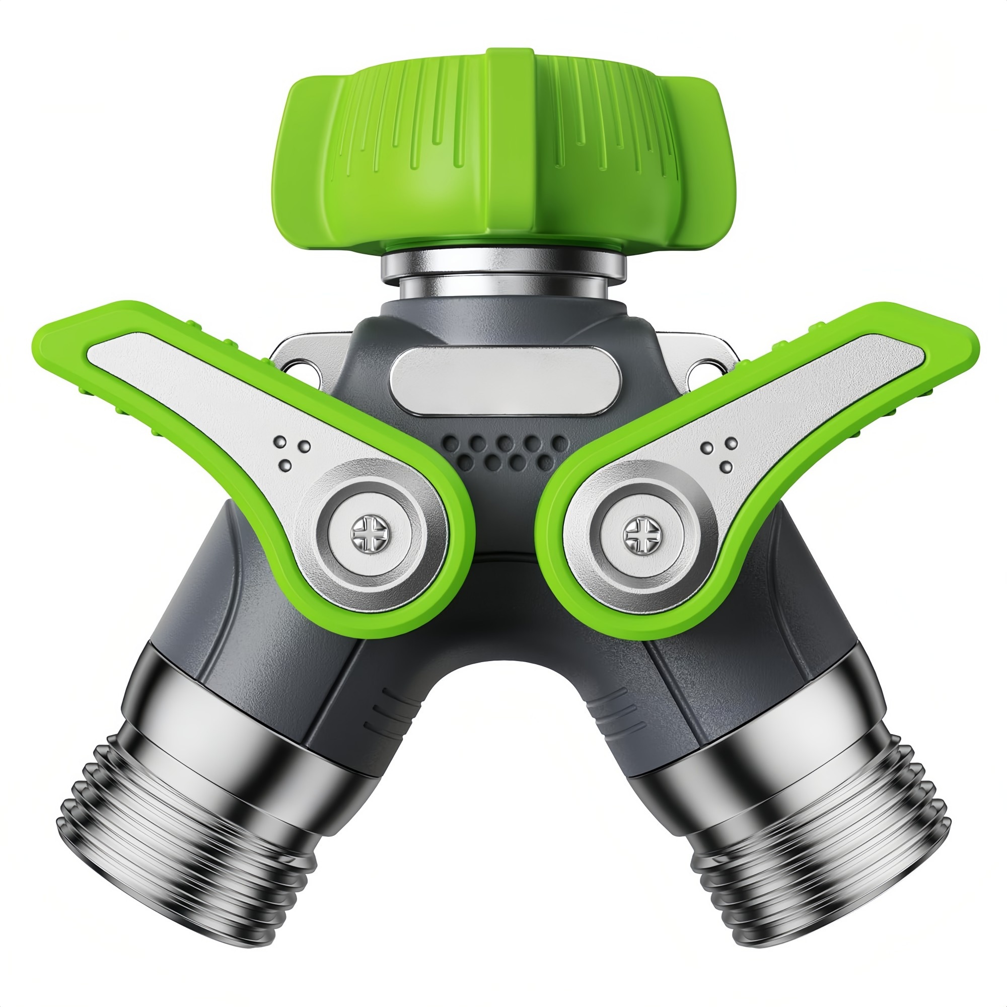 Numhew - 1.9in L 2-Way Green Heavy Duty Metal Water Hose Splitter with Shutoff Valves