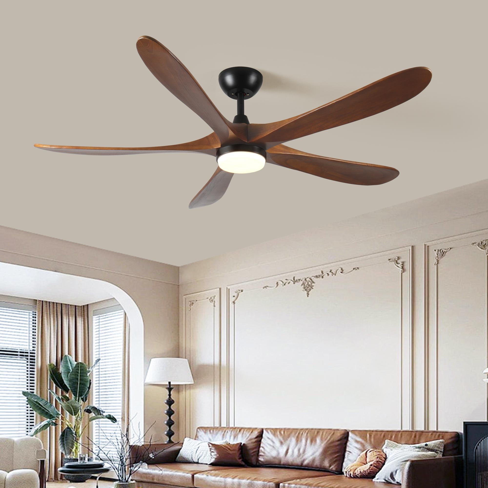 Bayfeve BFRF-54298-CF Adjustable Speed 52-in Color-Changing Integrated LED Outdoor Black with Walnut Solid Wodd Blades Ceiling Fan With Light - Remote Included ( 5 -Blade )