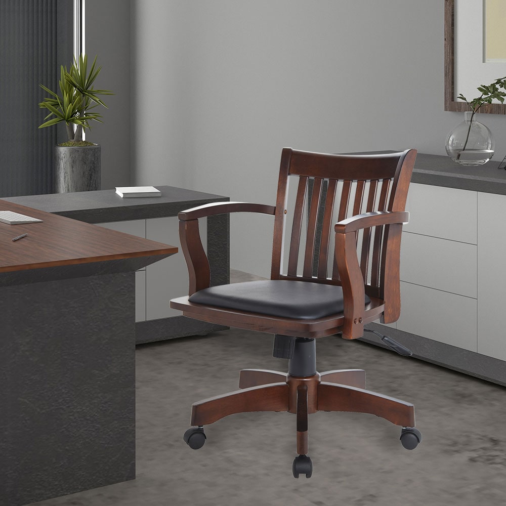 Espresso Wood Banker's Desk Chair with Black Vinyl Seat