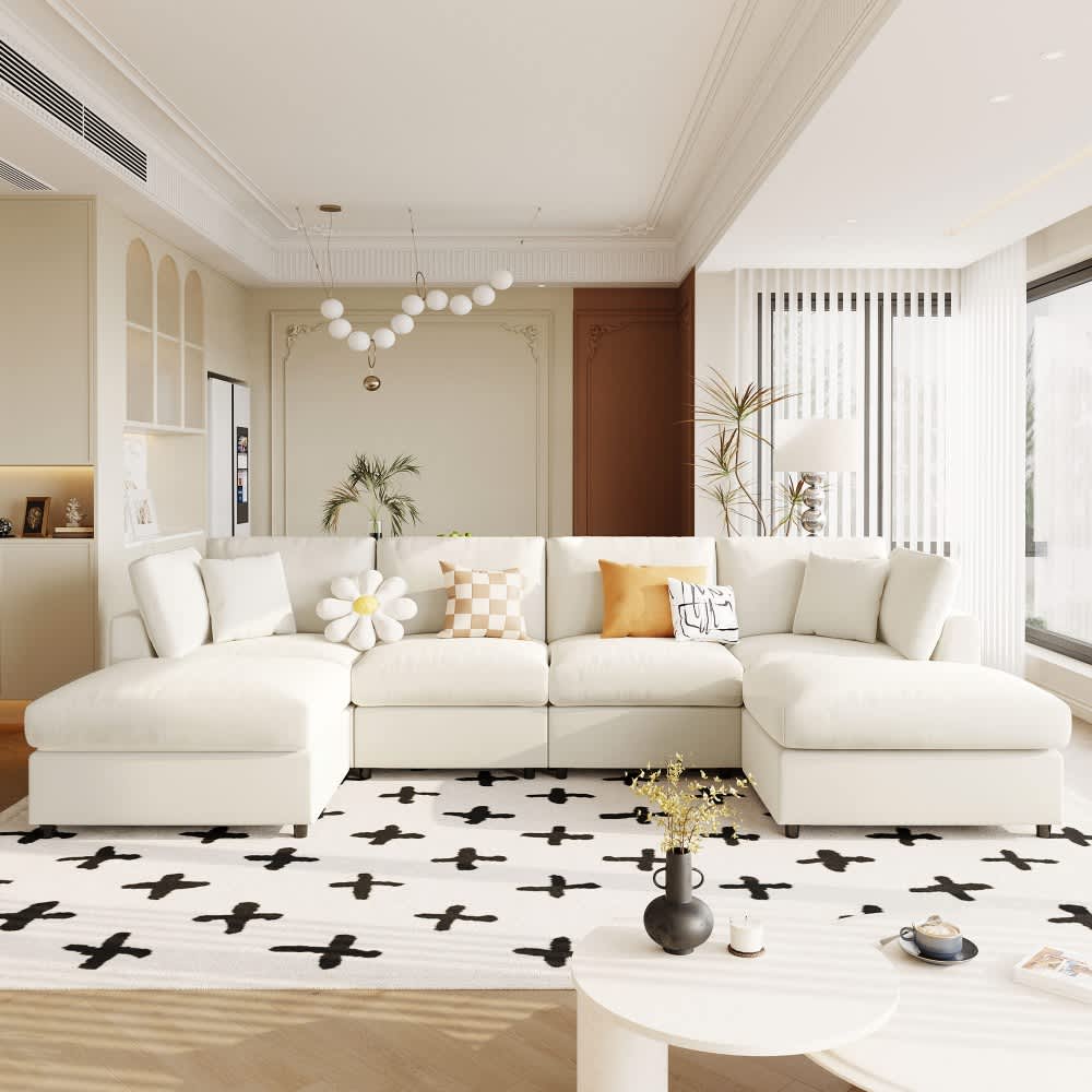 Coolbibila 6 Seat 128-in U Shaped Modular Sectional Sofa with 2 Ottomans Beige Chenille Fabric Large Couch for Living Room in the Couches, Sofas & Loveseats department at