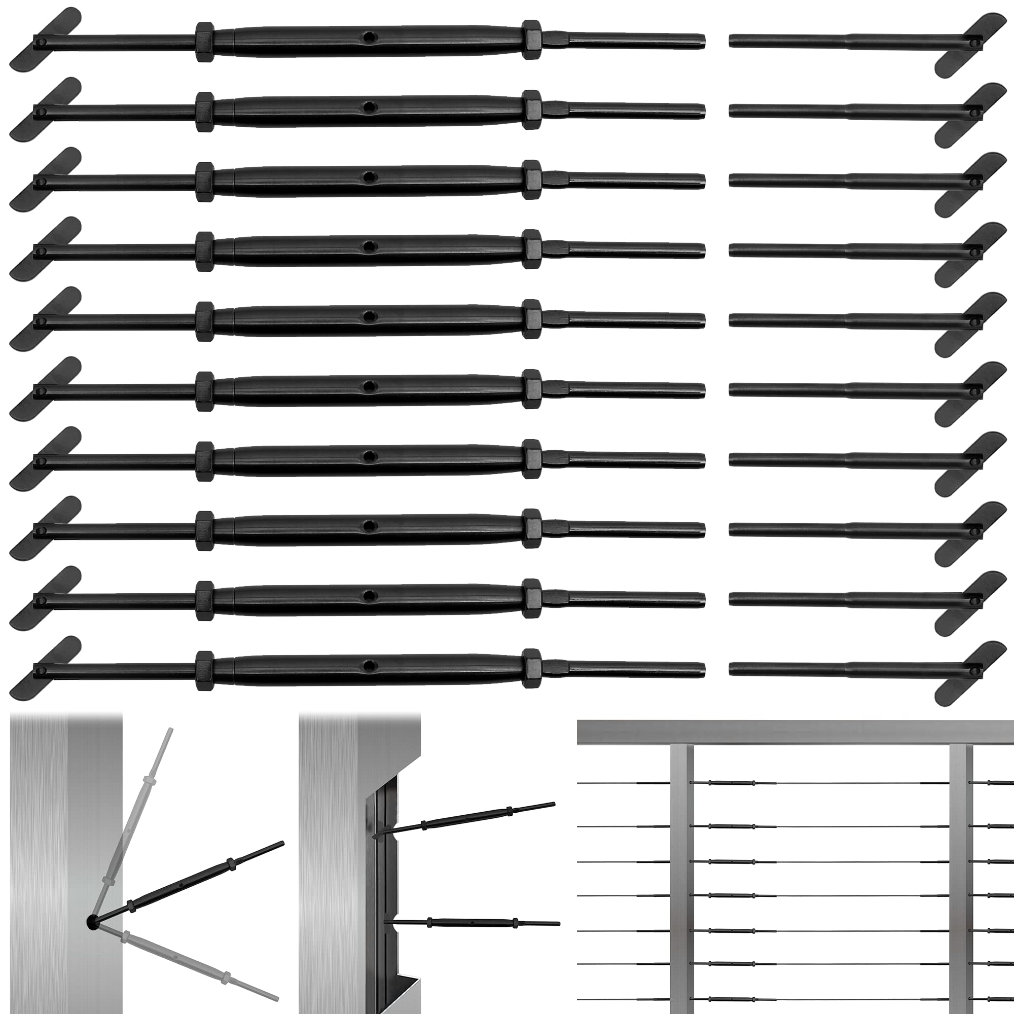 Misopily 10 Pairs Black Cable Railing Hardware Kit for 1/8 inch Cable Marine Grade T316 Stainless Steel Turnbuckle for Metal Post Installations #LMS0210D14