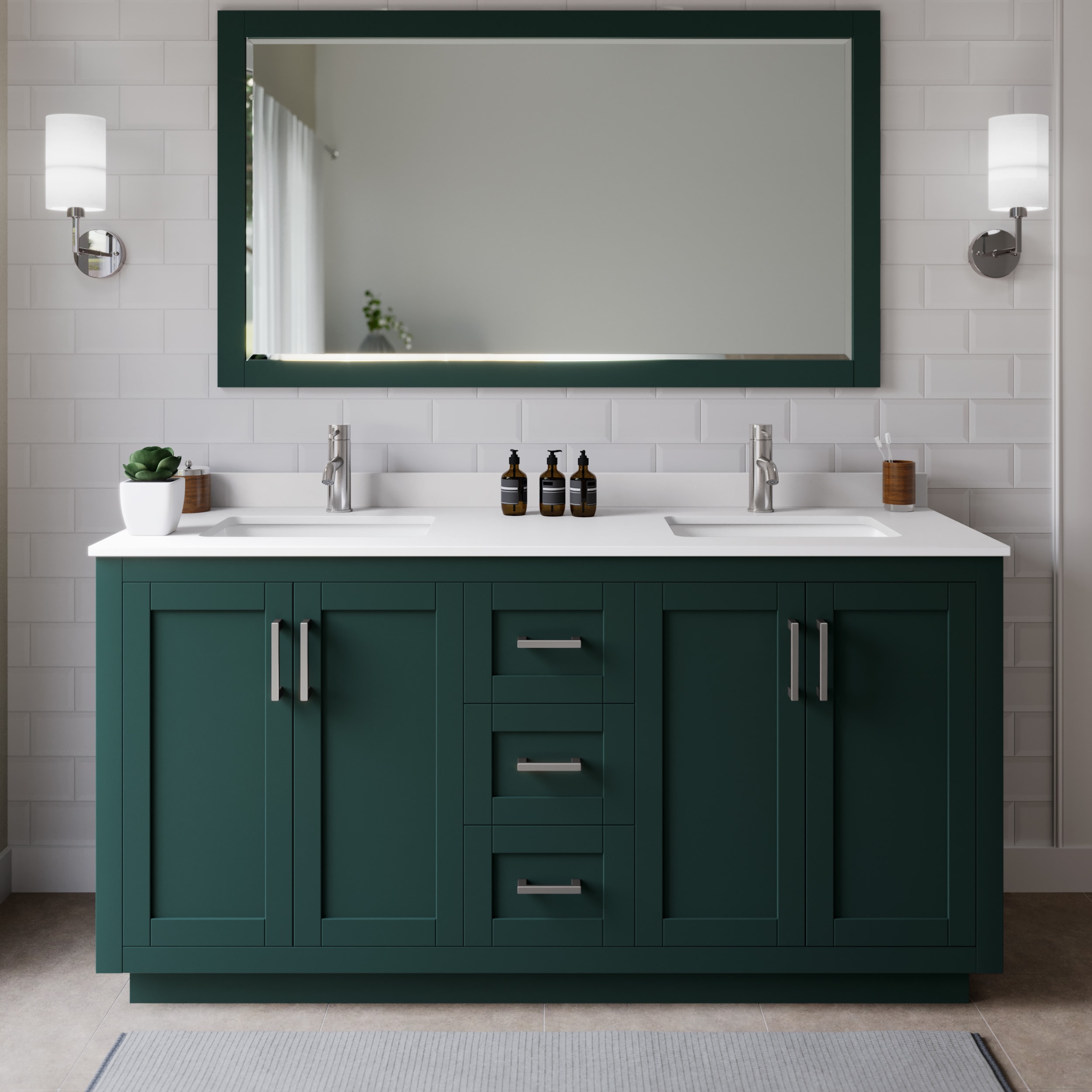Wyndham Collection WCF292966DGEWCUNSM58 Miranda 66-in Green with Brushed Nickel Trim Undermount Double sink Bathroom Vanity with White Cultured Marble Cultured marble Top (Mirror Included)